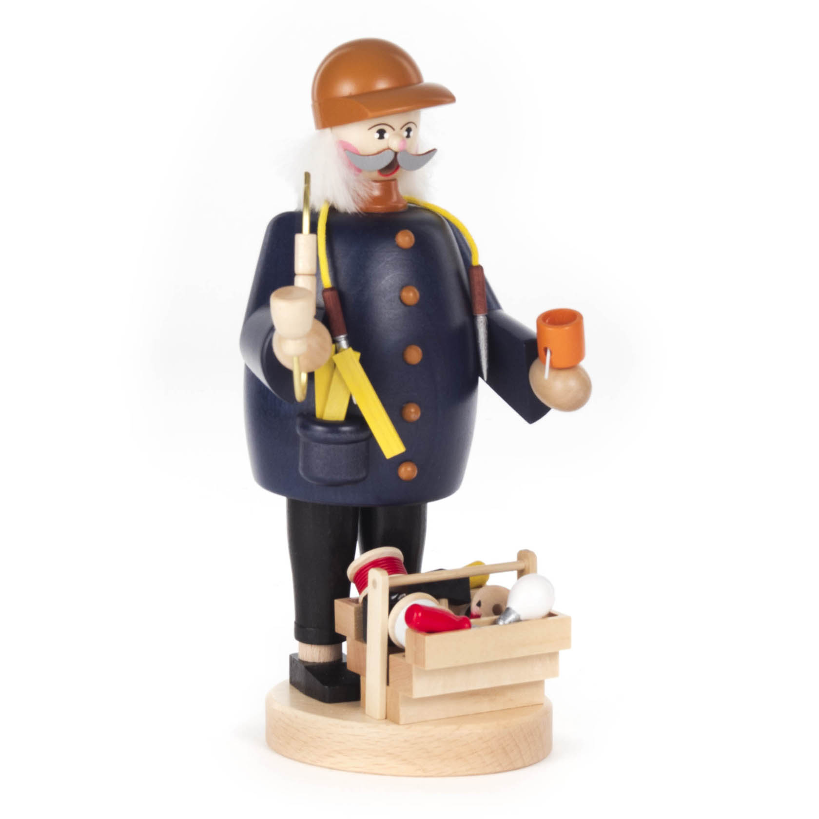 Wooden incense smoker figure of an electrician holding tools and a toolbox, wearing a cap and apron, with wires around the neck.