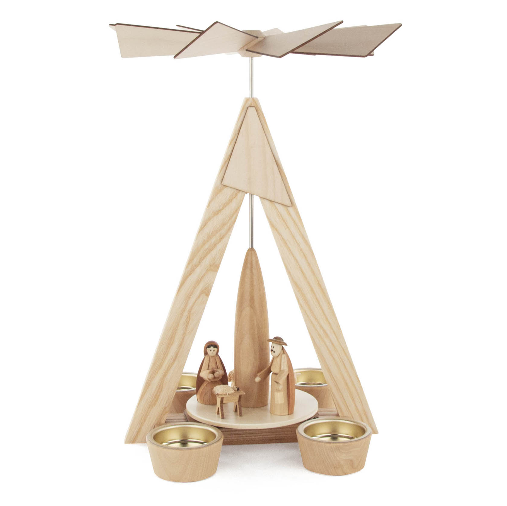 A natural wood Christmas pyramid featuring the Nativity scene with Mary, Joseph, and baby Jesus, surrounded by four tealight holders.