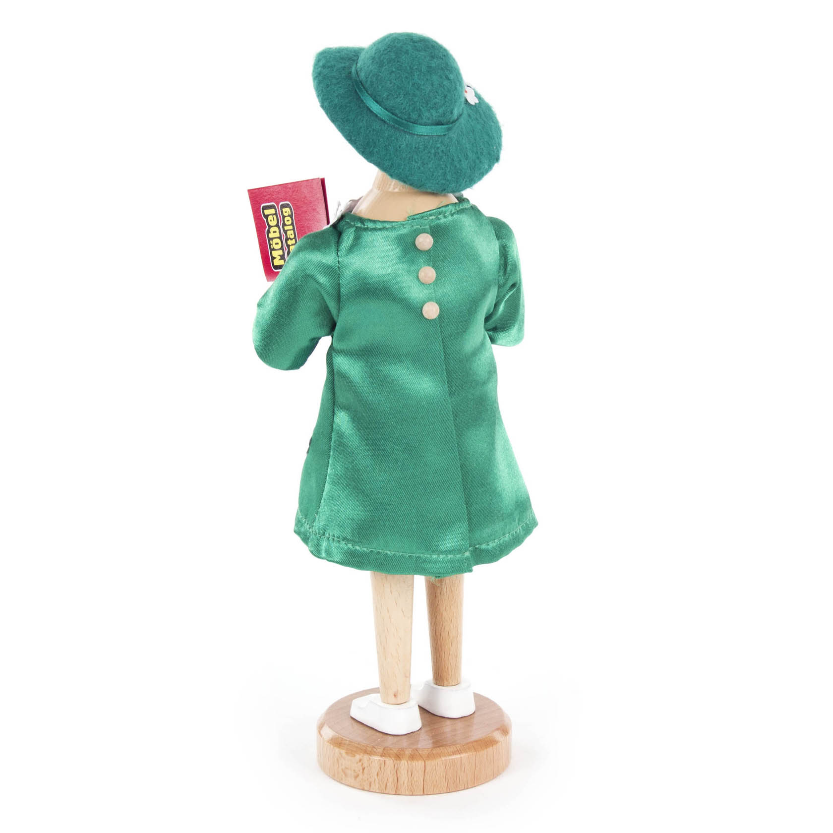 Holzfigur 'Räucherfrau Yvonne' aus der Olsenbande. Sie trägt ein grünes Kleid und Hut, hält eine Schokoladenverpackung, steht auf rundem Holzsockel.