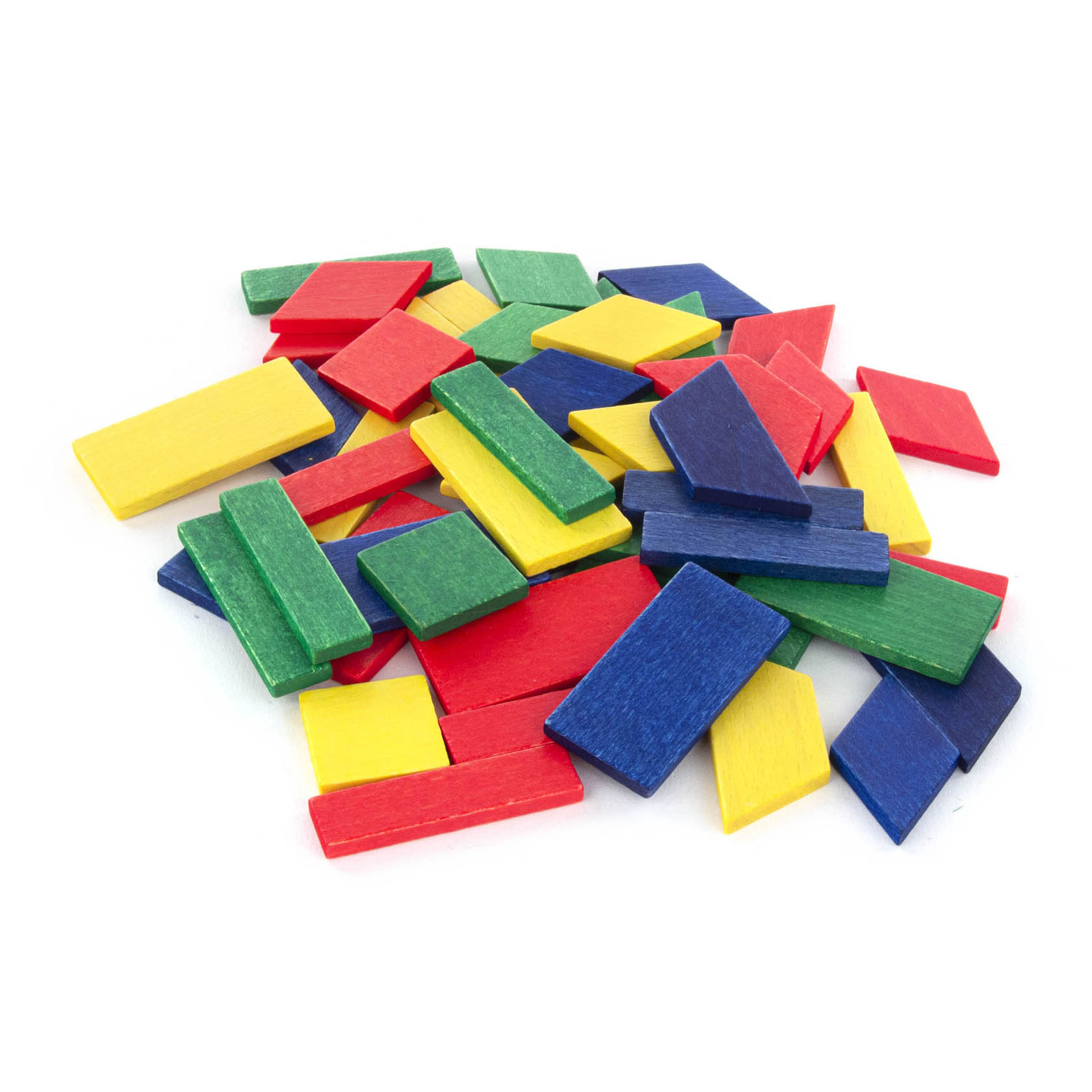 Ein Haufen von bunten rechteckigen Holzplättchen in den Farben Rot, Blau, Gelb und Grün, die ungeordnet aufeinander liegen.