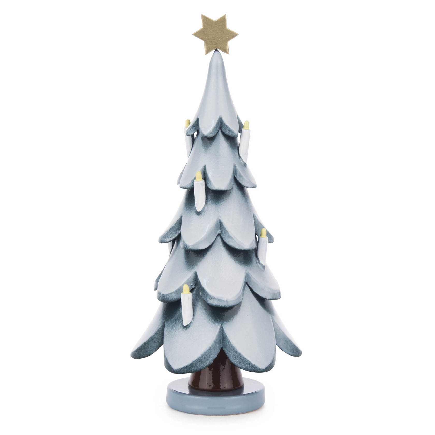 Dekorativer, blauer Weihnachtsbaum aus Holz mit goldfarbenem Stern an der Spitze und kleinen weißen Kerzen auf den Ästen.