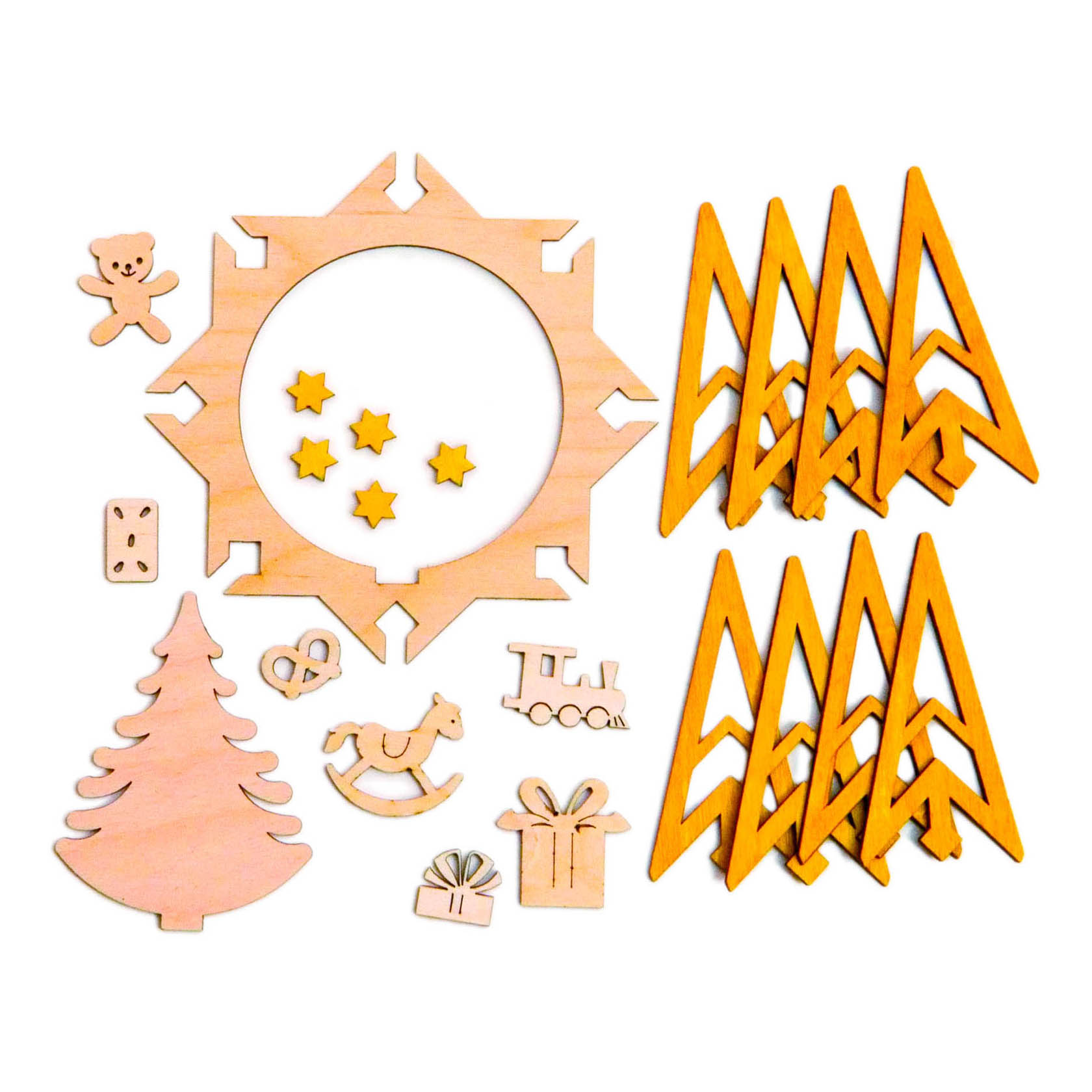 Craft set for creating a star-shaped window hanging. Includes a round wooden frame, small stars, trees, and various small wooden shapes.