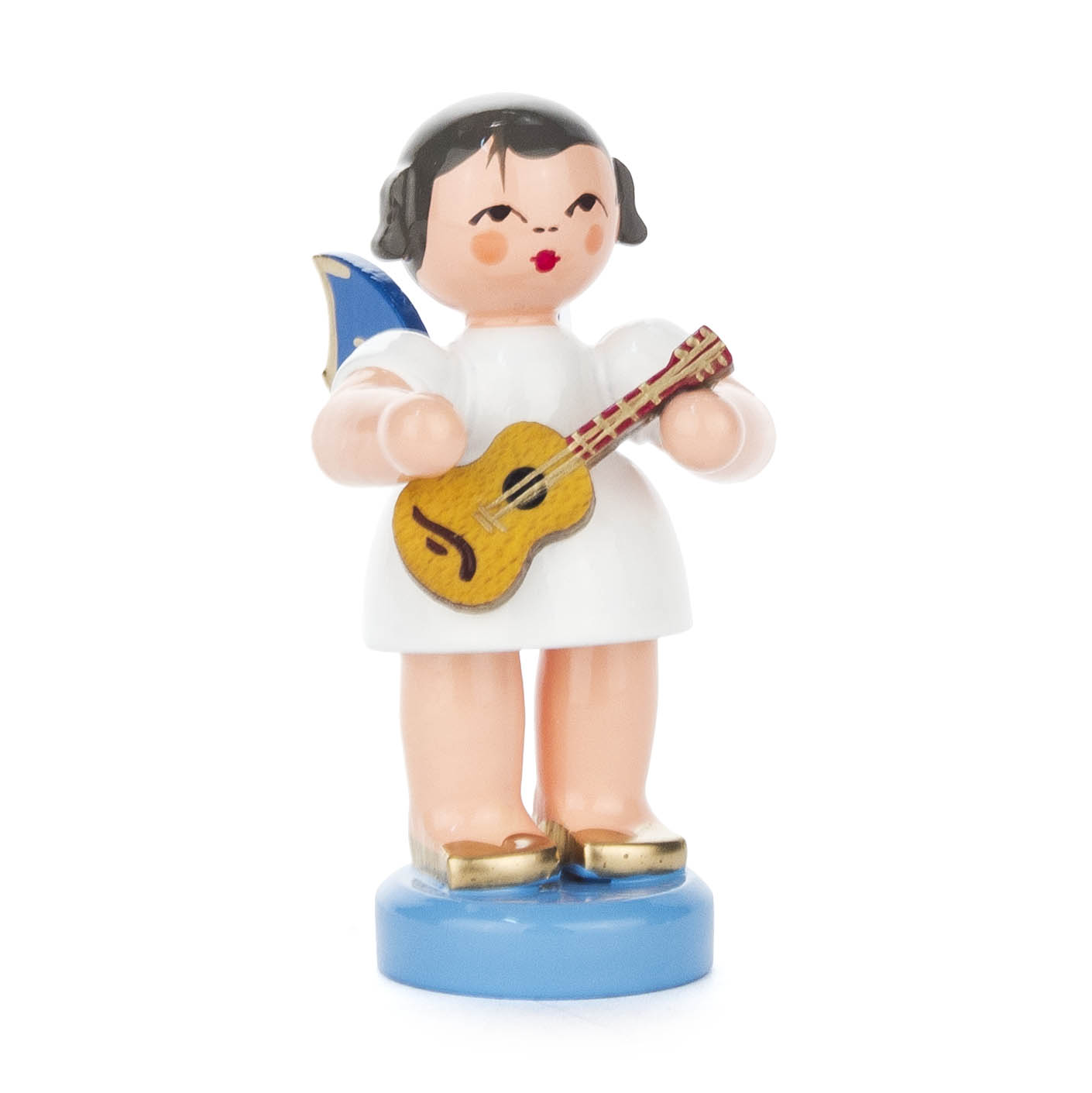 Figur eines Engels mit einer Ukulele und blauen Flügeln, stehend auf blauem Sockel. im Dregeno Online Shop günstig kaufen