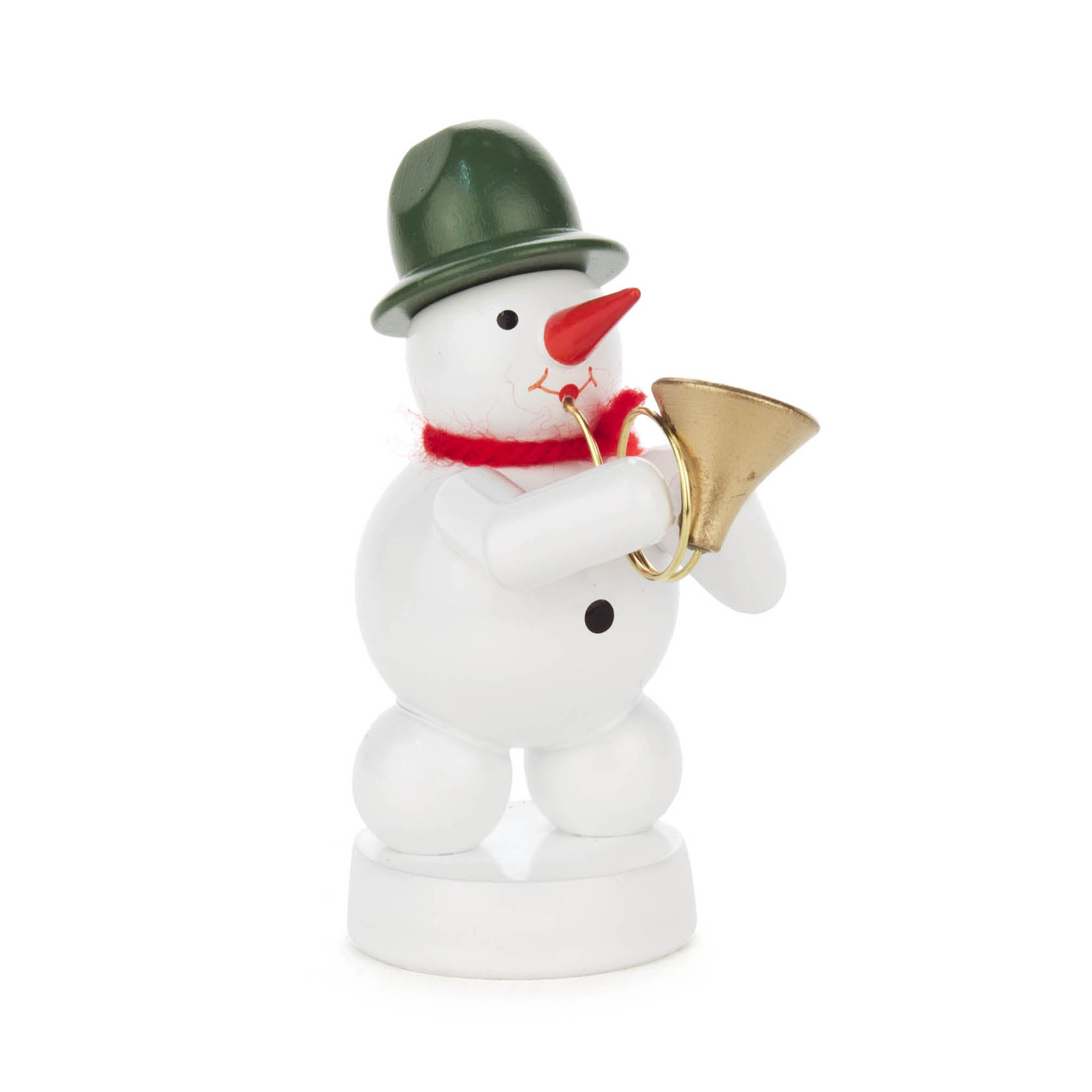 Ein Schneemann mit grünem Hut und rotem Schal, hält ein goldenes Horn in der Hand. im Dregeno Online Shop günstig kaufen