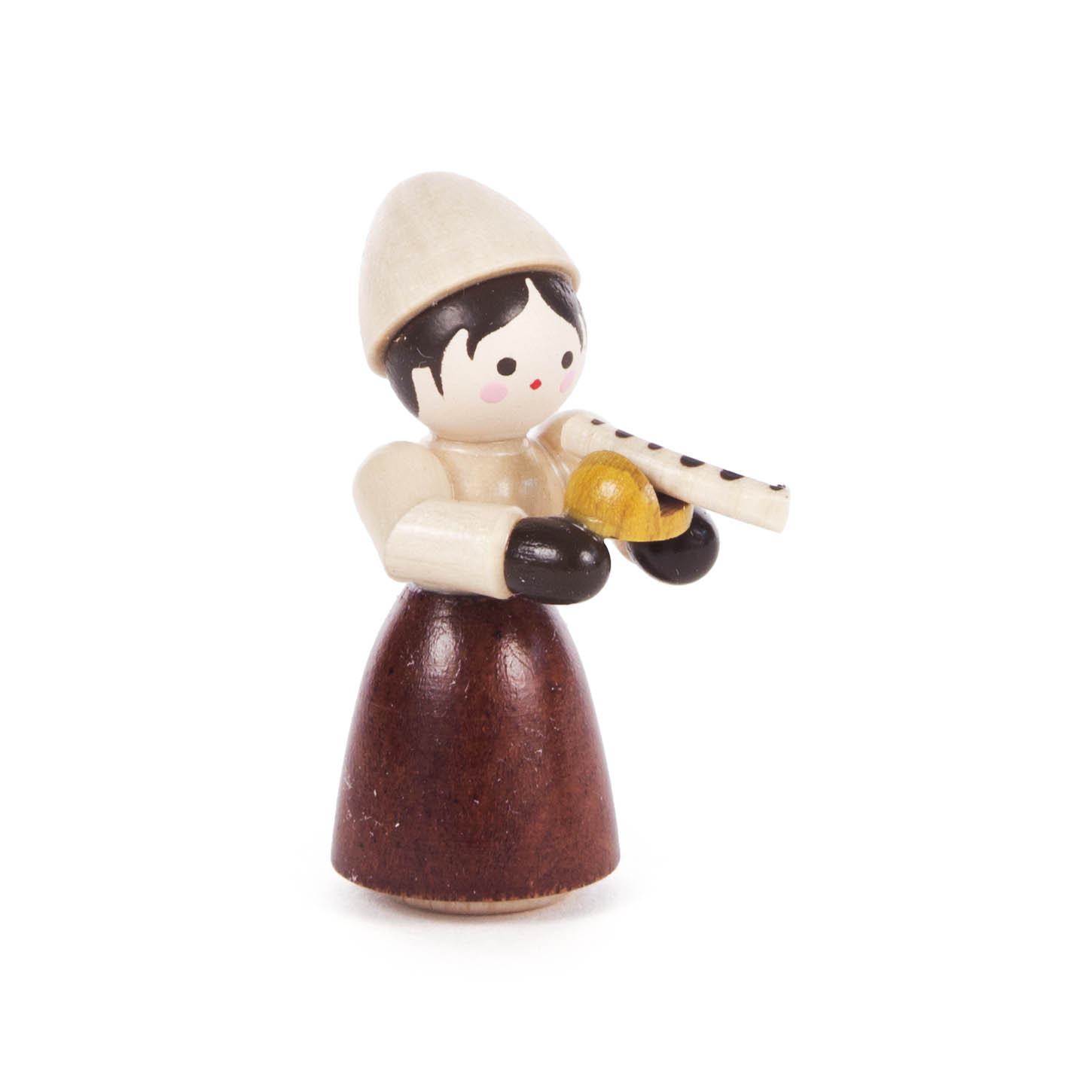 Holzpuppe Mädchen, trägt einen Rock und eine helle Mütze, hält eine Bratwurst im Brötchen in den Händen. im Dregeno Online Shop günstig kaufen
