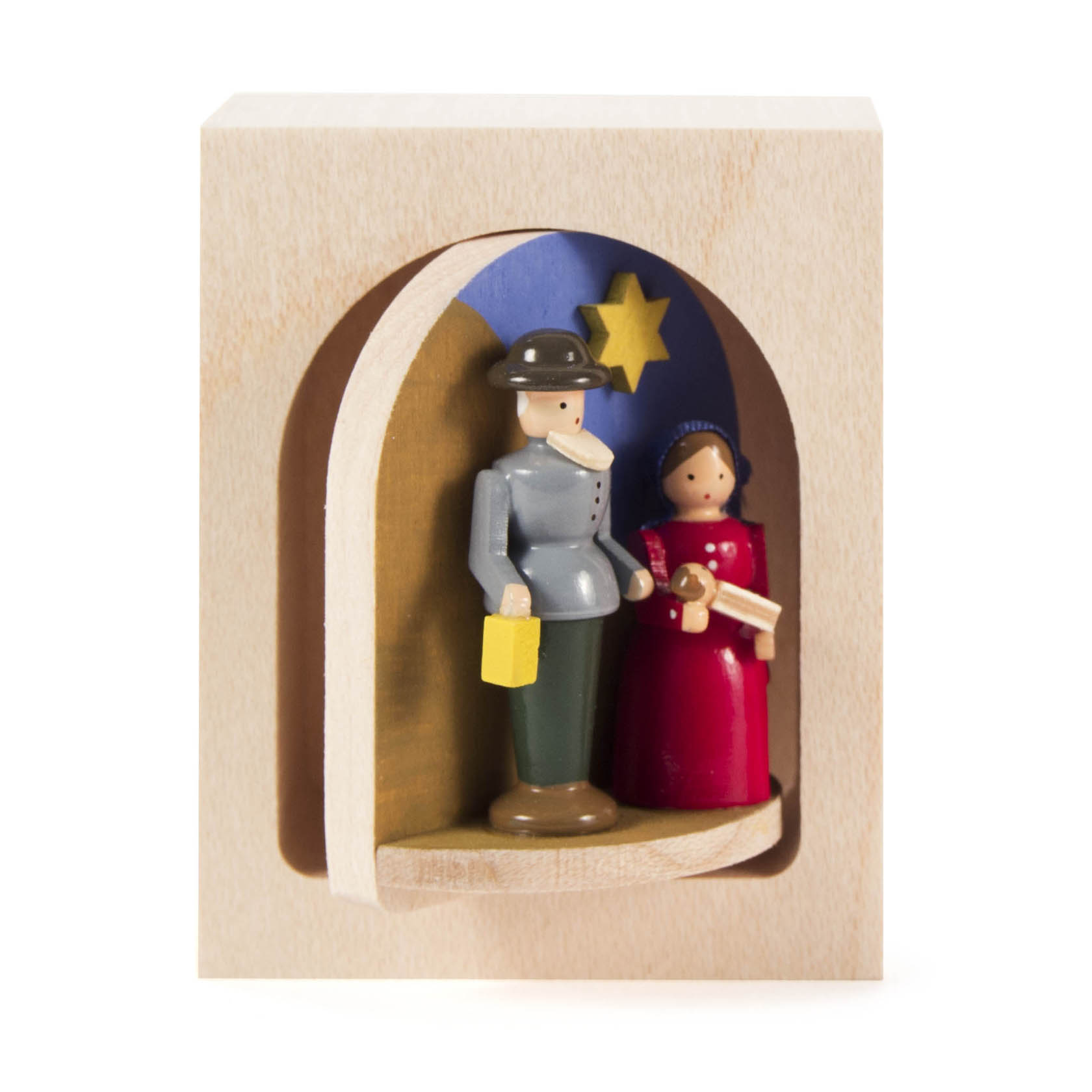 Holzfigur der Heiligen Familie in einem drehbaren Rahmen, Josef in grau und Maria in rot mit Jesuskind auf blau-gelben Hintergrund.