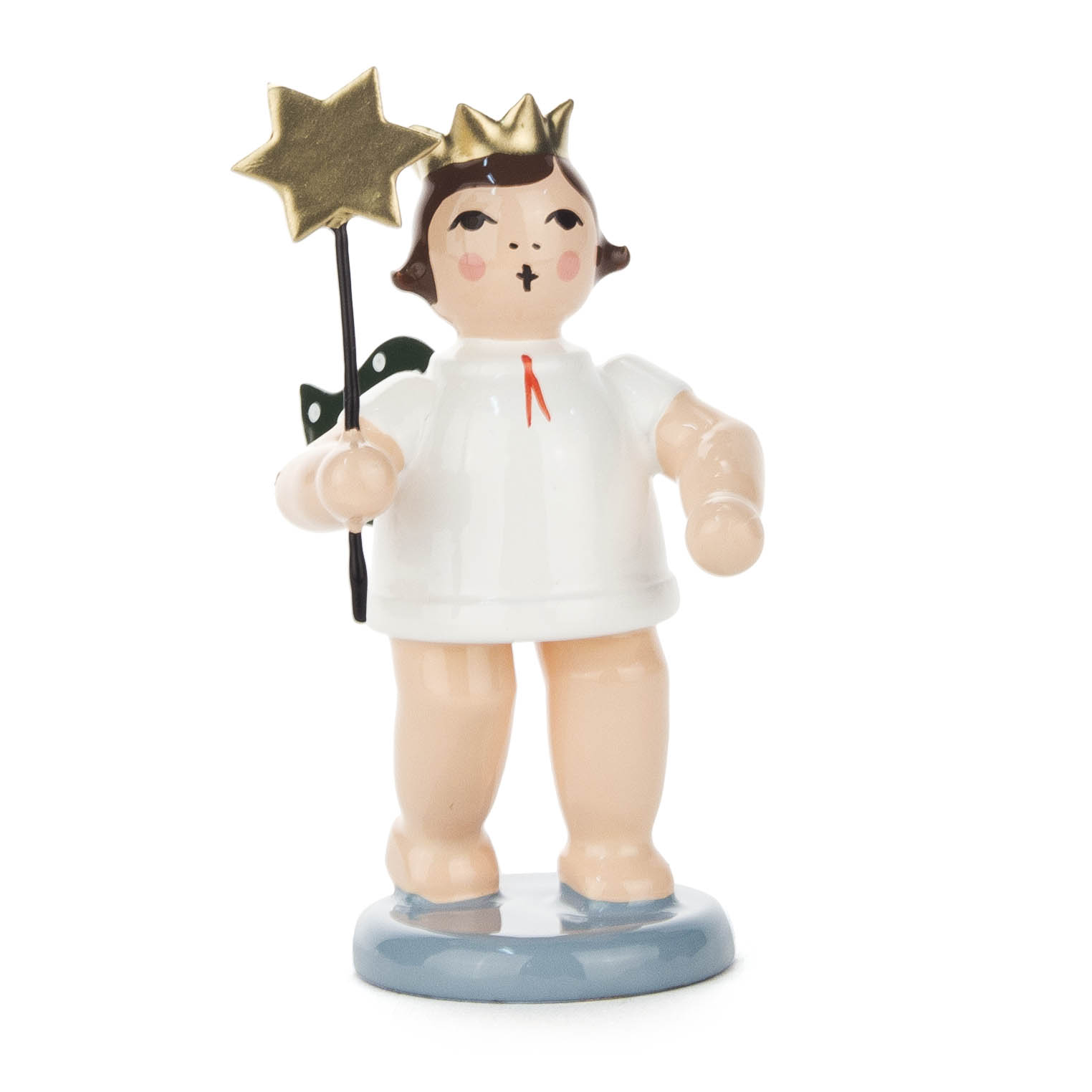 A small angel figurine with a golden crown holding a star wand, dressed in a white garment. im Dregeno Online Shop günstig kaufen