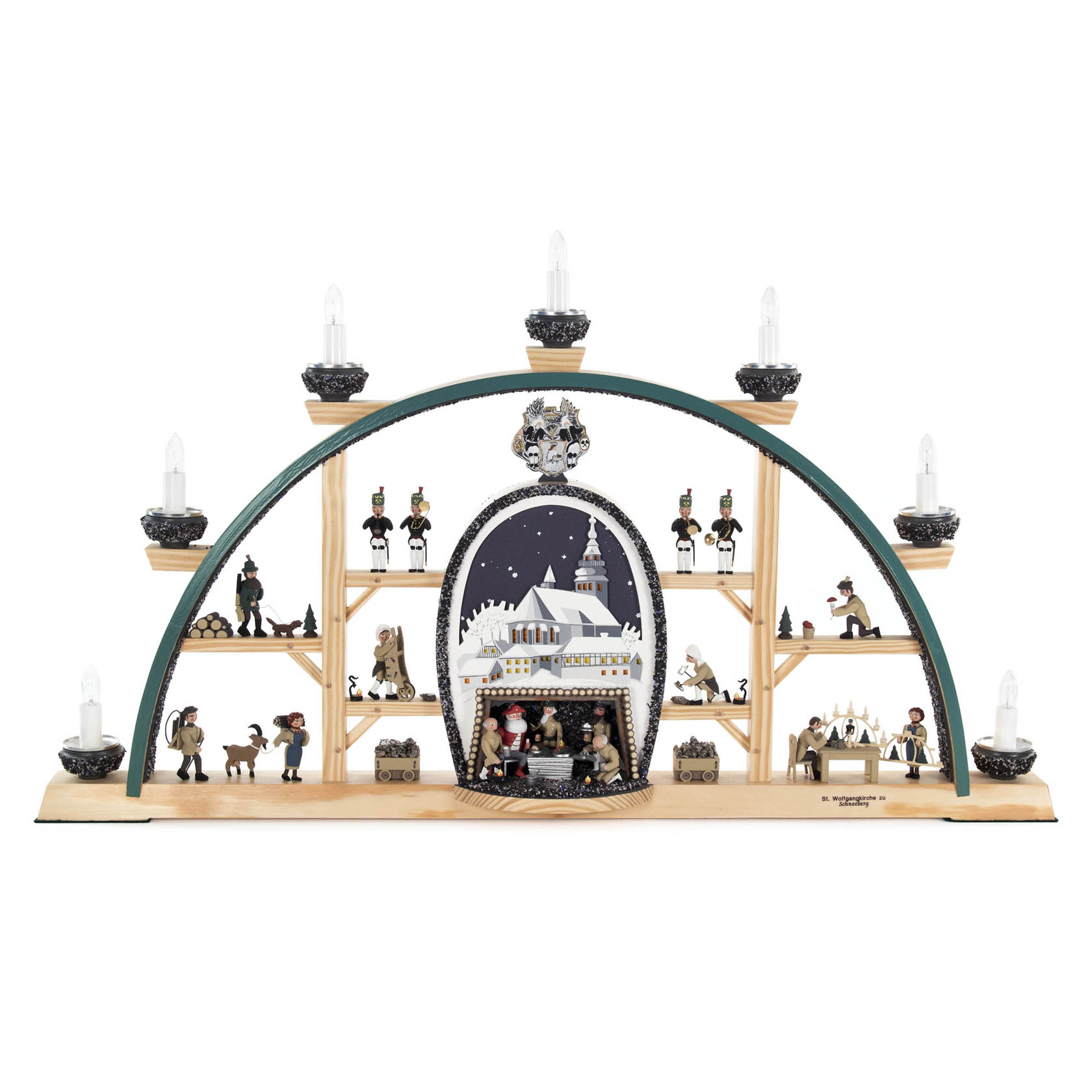 Schwibbogen "St. Wolfgangkirche zu Schneeberg" mit Bergwerk und Erzgebirgsfiguren, elektrisch beleuchtet