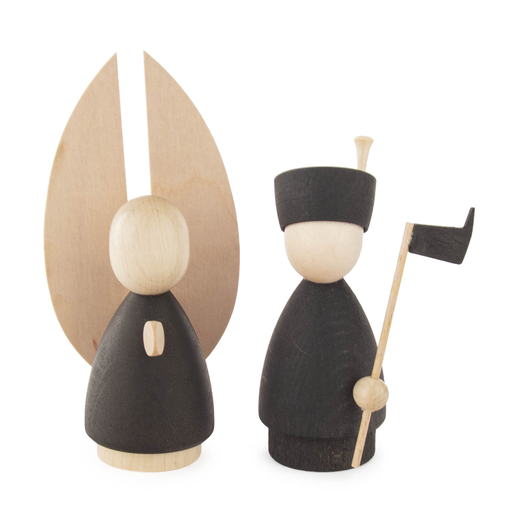 Zwei moderne Holzfiguren, ein Engel mit Flügeln und ein Bergmann mit Hacke, beide in anthrazit und naturfarben gefertigt. im Dregeno Online Shop günstig kaufen