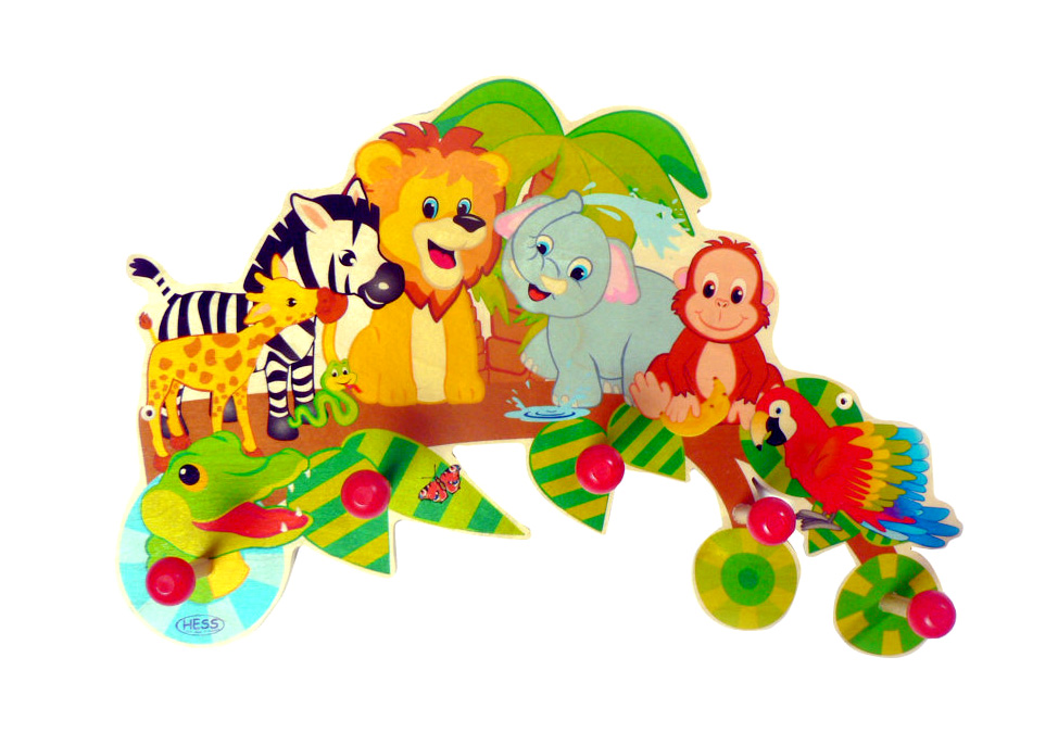 Colorful jungle-themed coat rack with cartoon animals including a lion, zebra, elephant, monkey, crocodile, parrot, and giraffe. im Dregeno Online Shop günstig kaufen