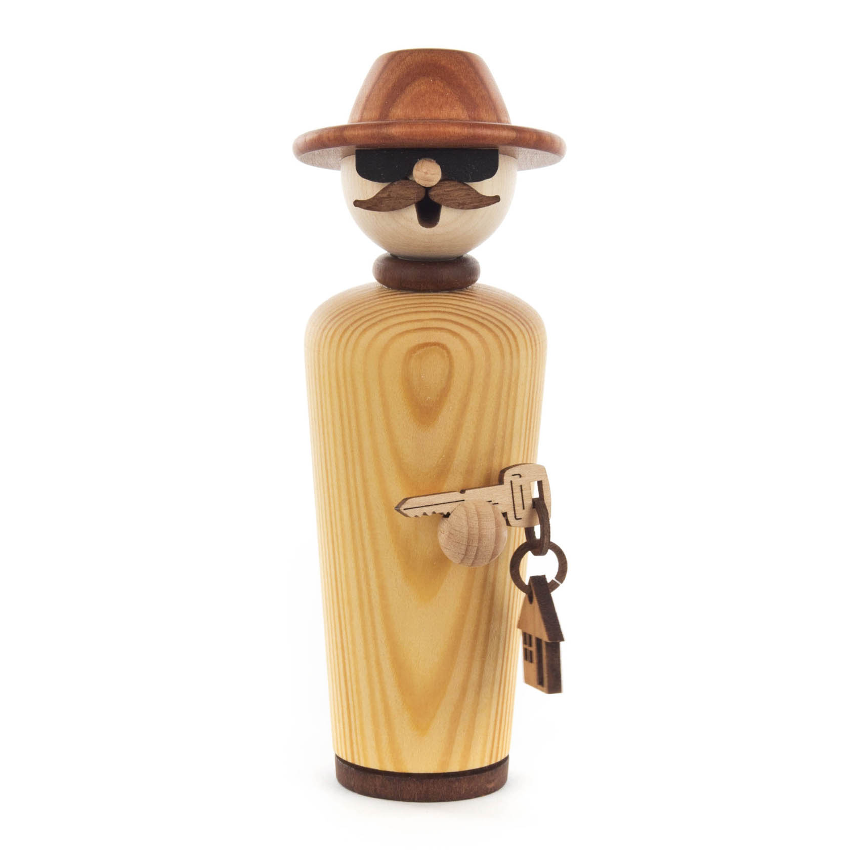 Holzfigur eines Baumeisters mit Schnurrbart und Hut, hält einen Schlüsselbund mit zwei Schlüsseln und trägt ein einfaches Gewand. im Dregeno Online Shop günstig kaufen