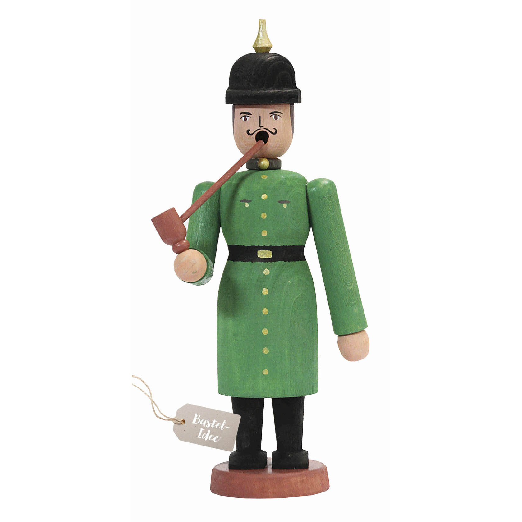 A wooden incense smoker figure dressed as a gendarme with a green coat, black helmet with gold detail, holding a pipe. im Dregeno Online Shop günstig kaufen