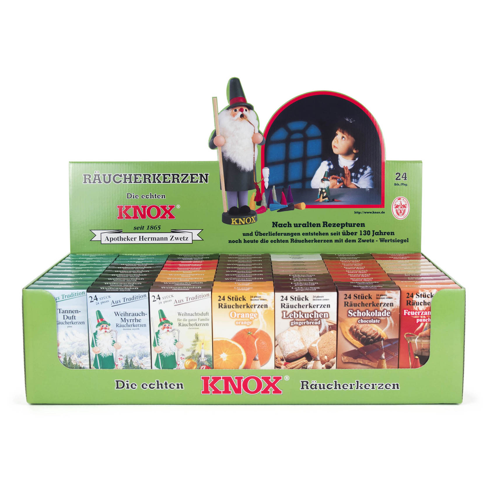 Verkaufsdisplay KNOX Räucherkerzen, 70 Schachteln à 24 Stück im Dregeno Online Shop günstig kaufen