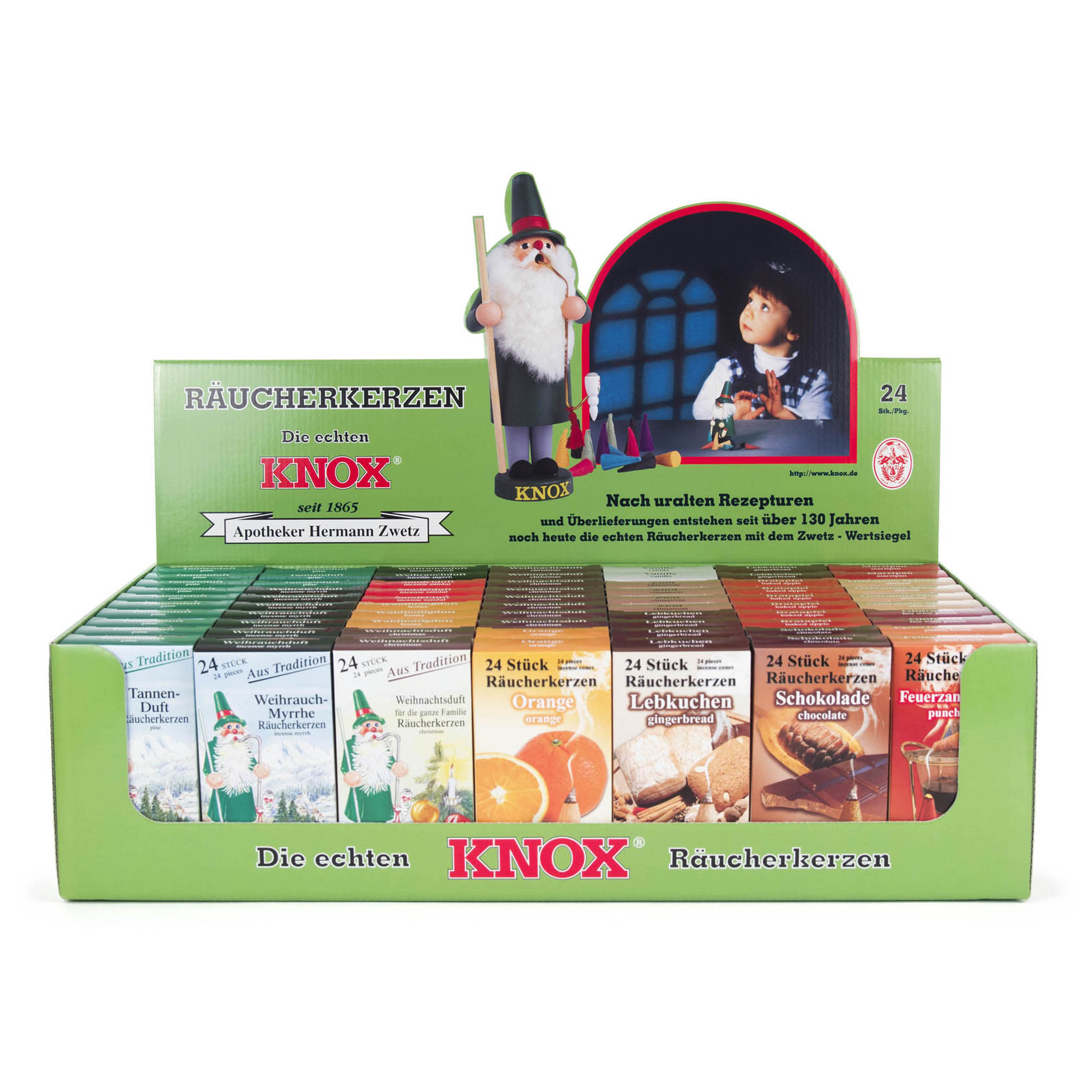 Verkaufsdisplay mit KNOX Räucherkerzen in verschiedenen Sorten, jedes mit 24 Stück. Auf dem Display ist ein Kind und ein Räuchermännchen abgebildet.
