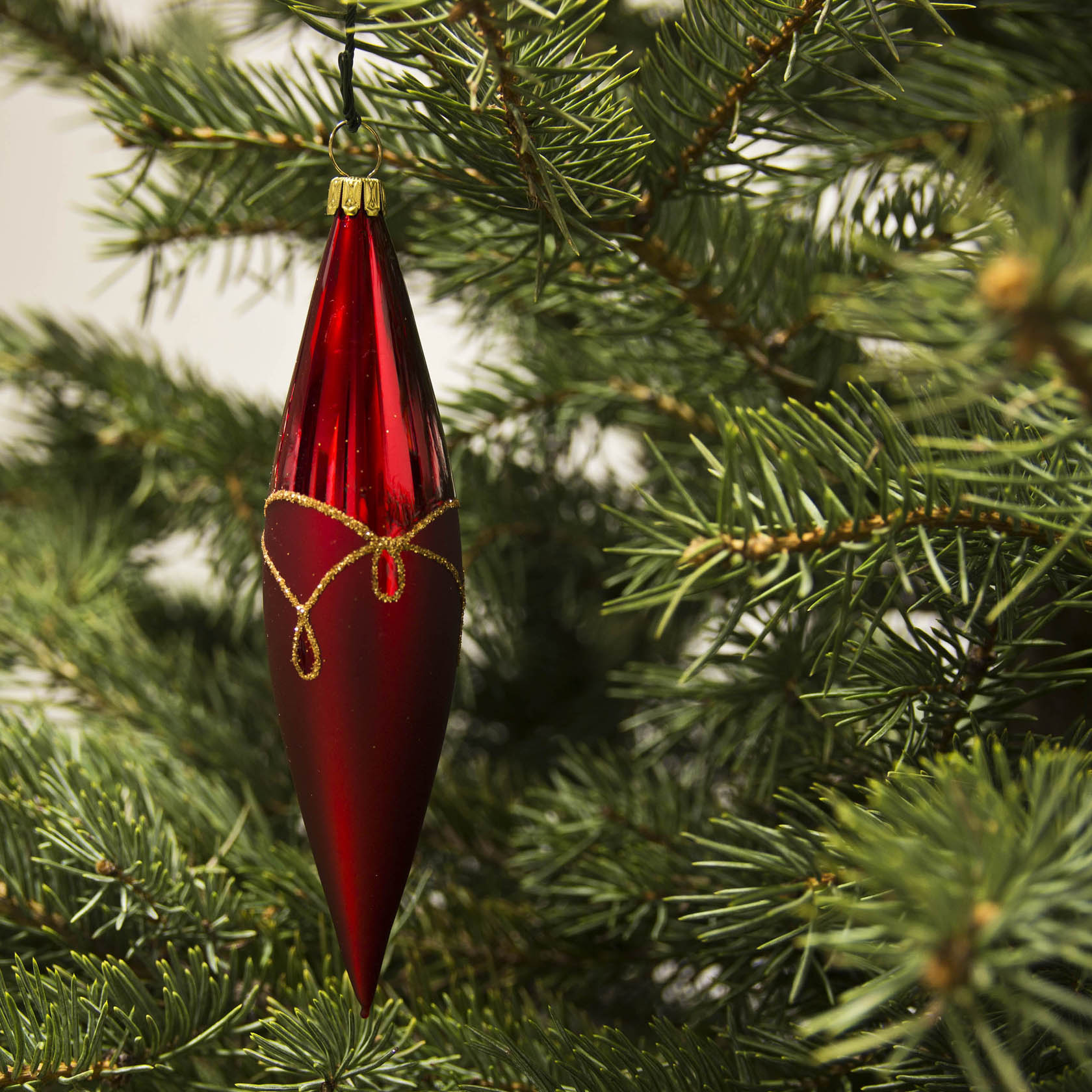 Thüringer Christbaumschmuck Olive 14cm rot-matt Tropfenmuster (4)