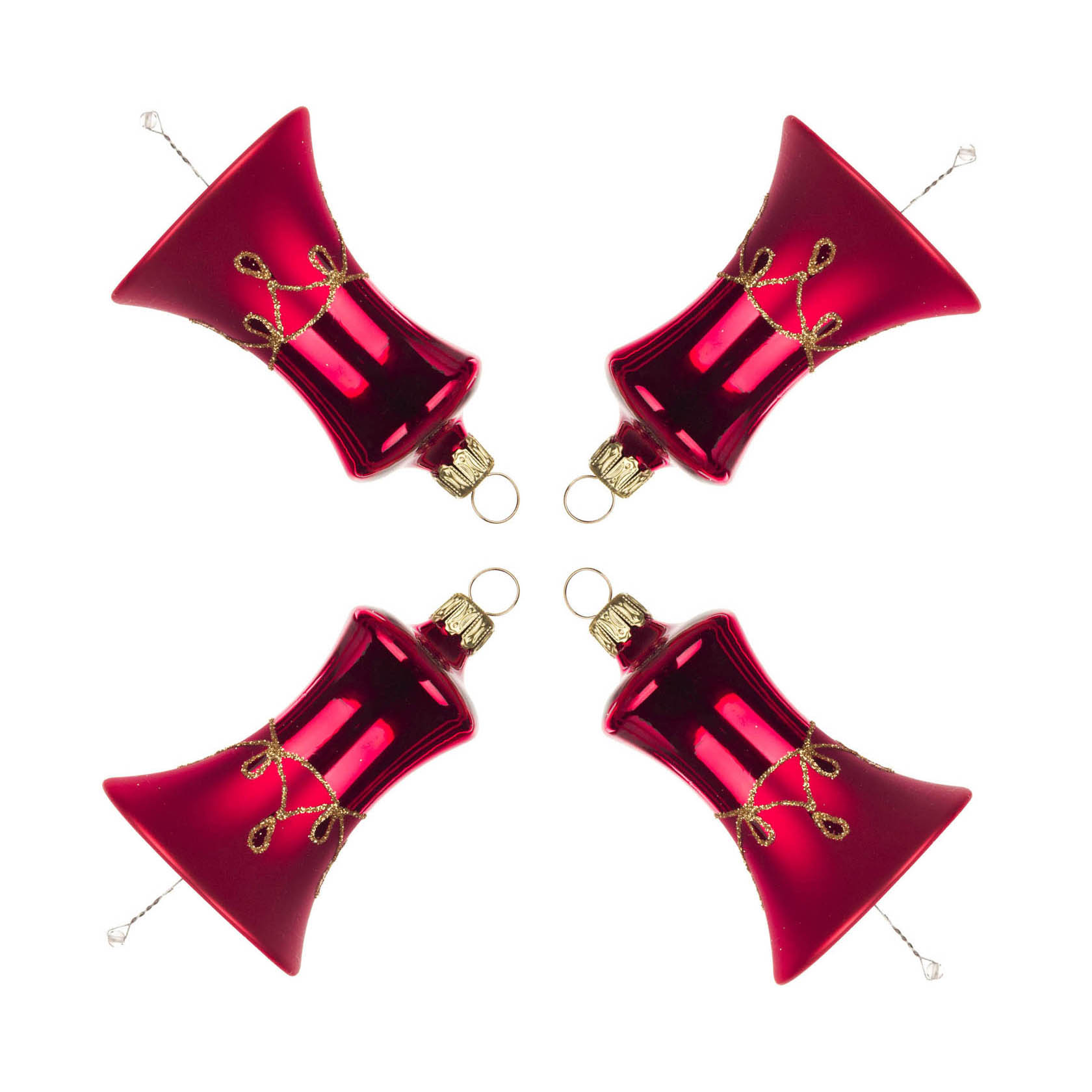 Vier rote, mattierte Glocken mit goldenen Tropfenmustern als Christbaumschmuck, die symmetrisch angeordnet sind. im Dregeno Online Shop günstig kaufen