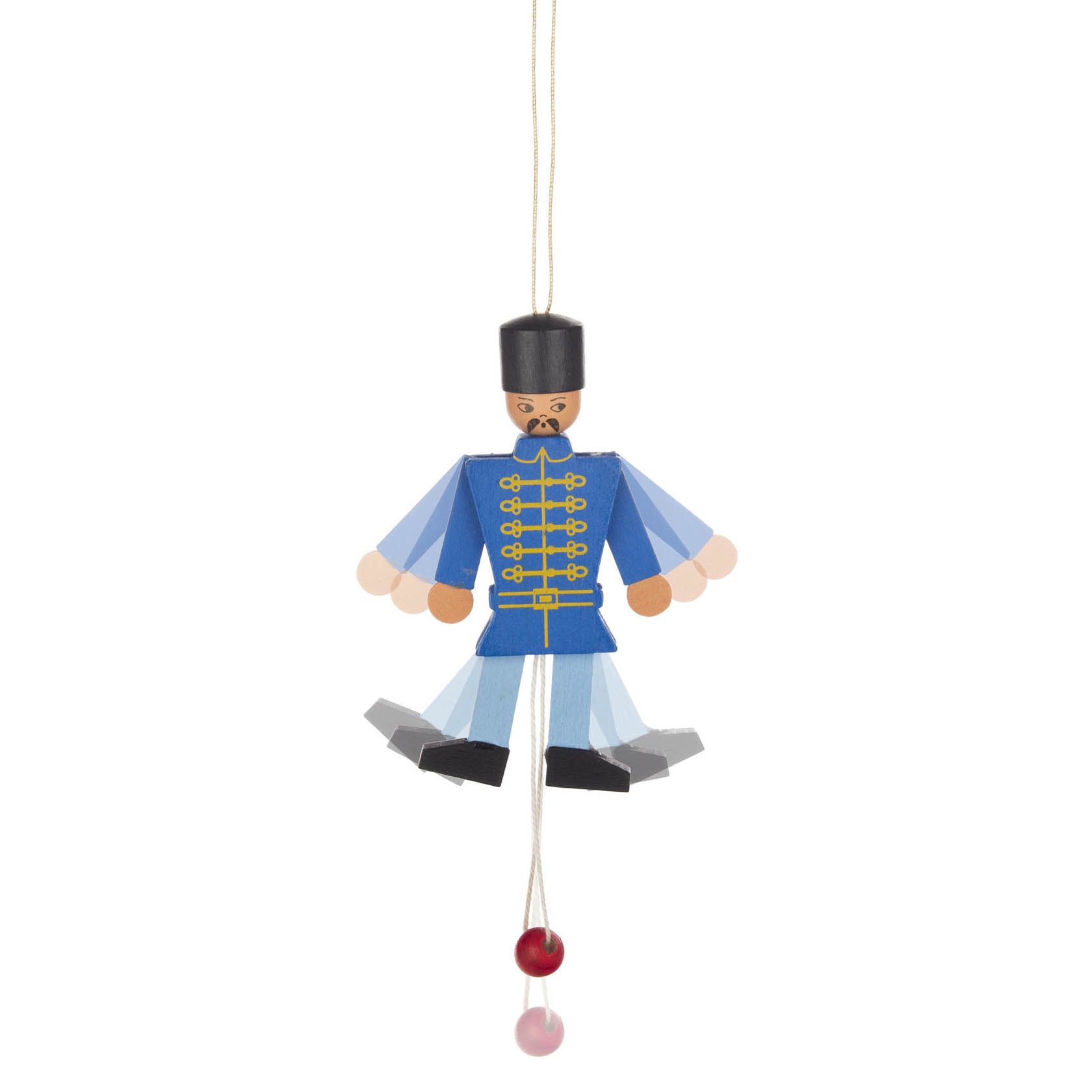 Wooden soldier jumping jack toy dressed in a blue uniform with pull strings for arm and leg movement.