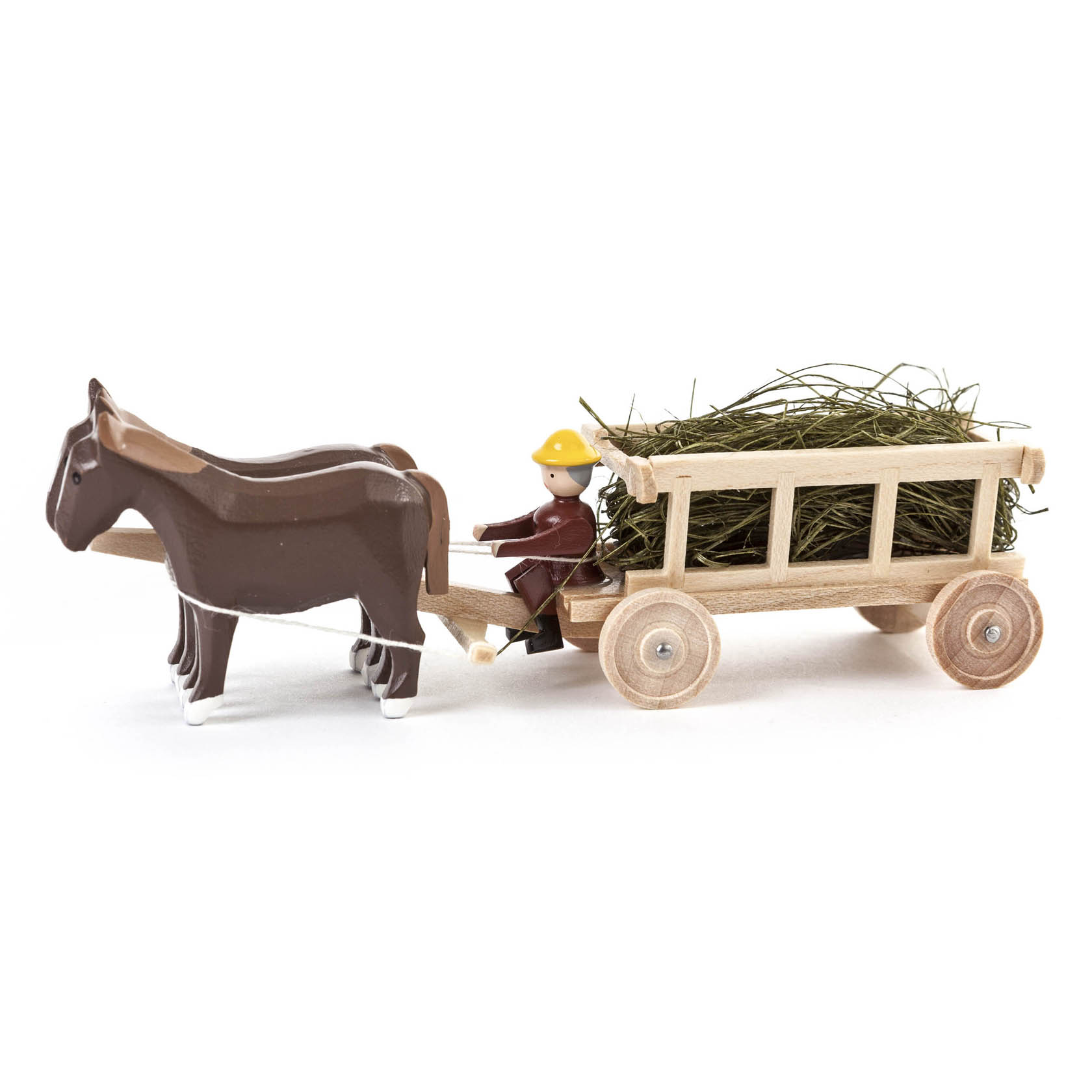 A model of a horse-drawn wagon with a hay-loaded cart and a small figure of a driver wearing a yellow hat. im Dregeno Online Shop günstig kaufen