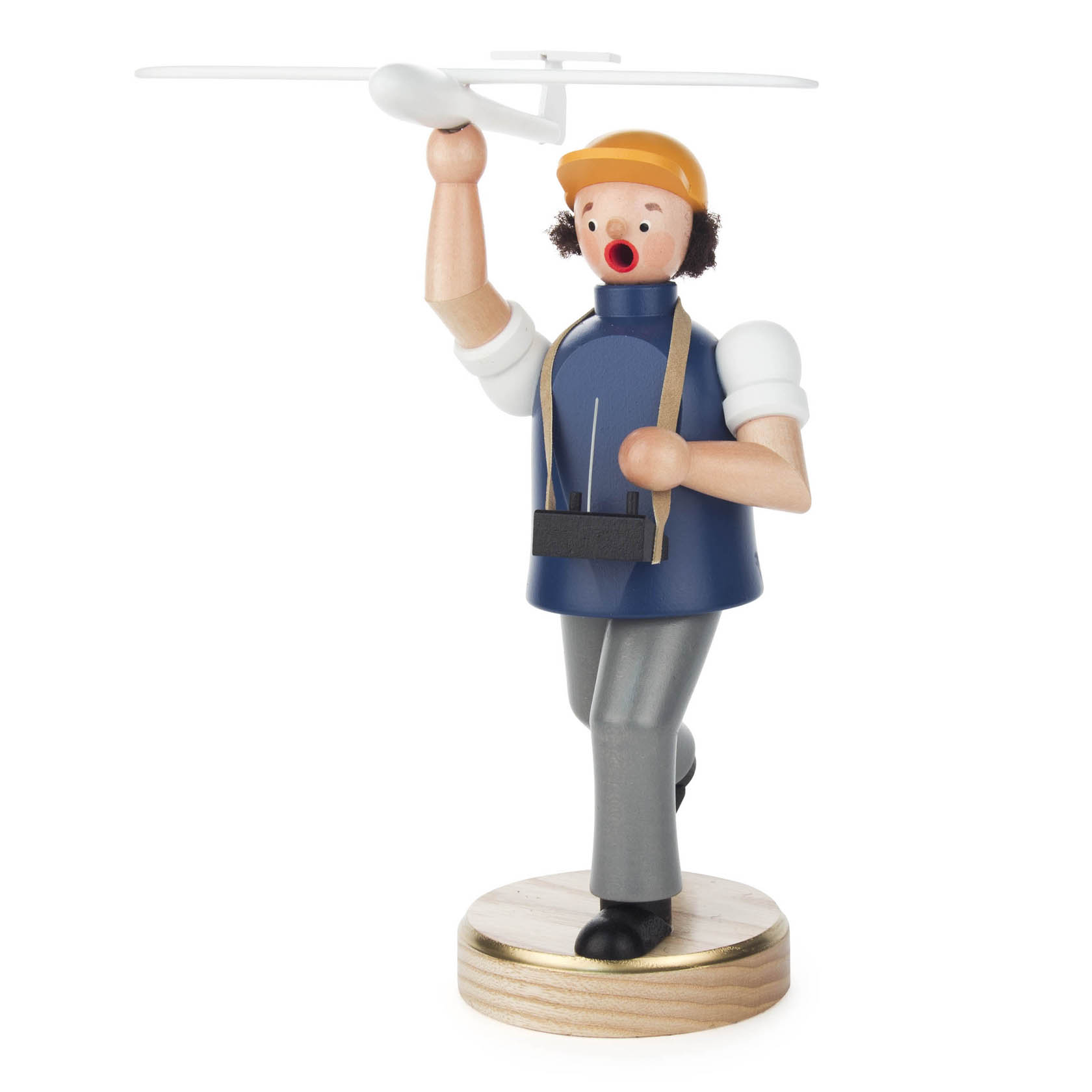 A wooden incense smoker figure styled as an aviation model sportsperson, with an orange cap, holding a model airplane above its head. im Dregeno Online Shop günstig kaufen