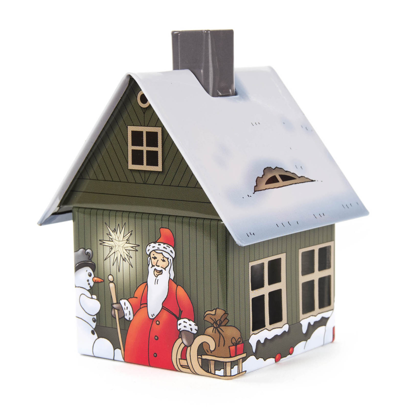 Ein metallisches Räucherhaus mit Weihnachtsmotiv: ein grünes Haus mit bemaltem Weihnachtsmann, Schneemann und Geschenken auf einem Schlitten. im Dregeno Online Shop günstig kaufen