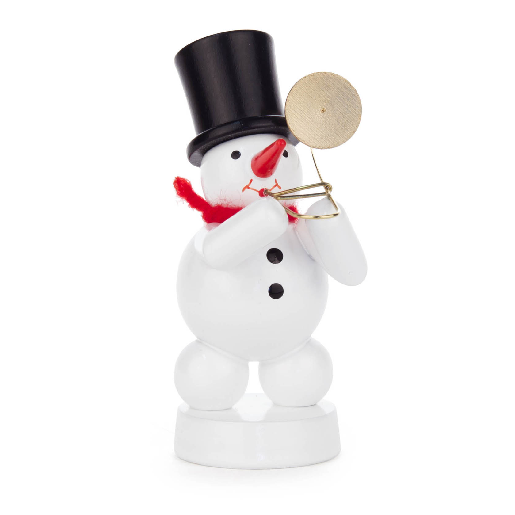 A charming snowman figurine playing a trombone, wearing a black top hat and red scarf. im Dregeno Online Shop günstig kaufen
