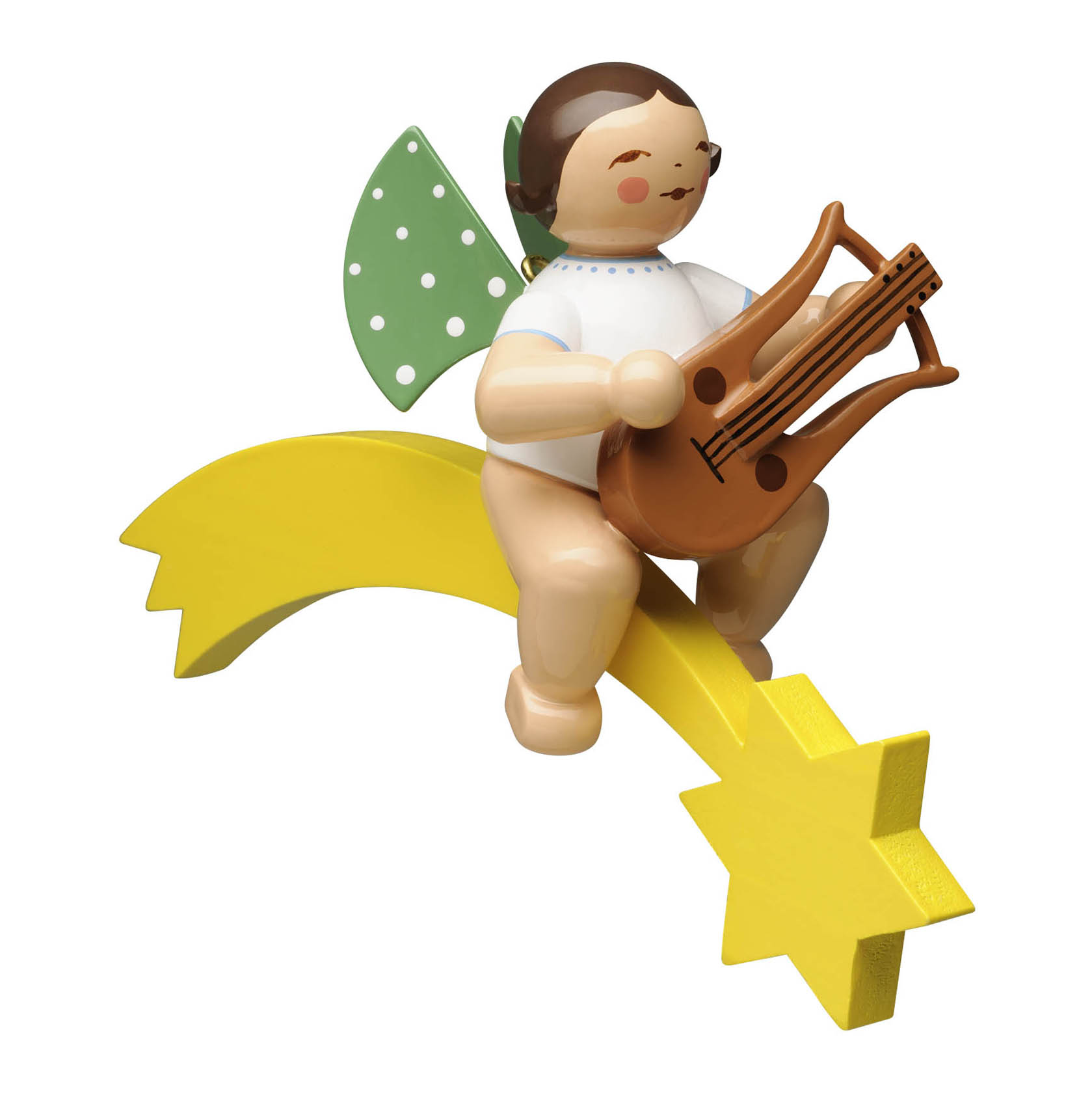 Holzengel mit grünen Flügeln und weißen Punkten spielt Lyra und sitzt auf einem gelben Kometen mit Sternspitze. im Dregeno Online Shop günstig kaufen