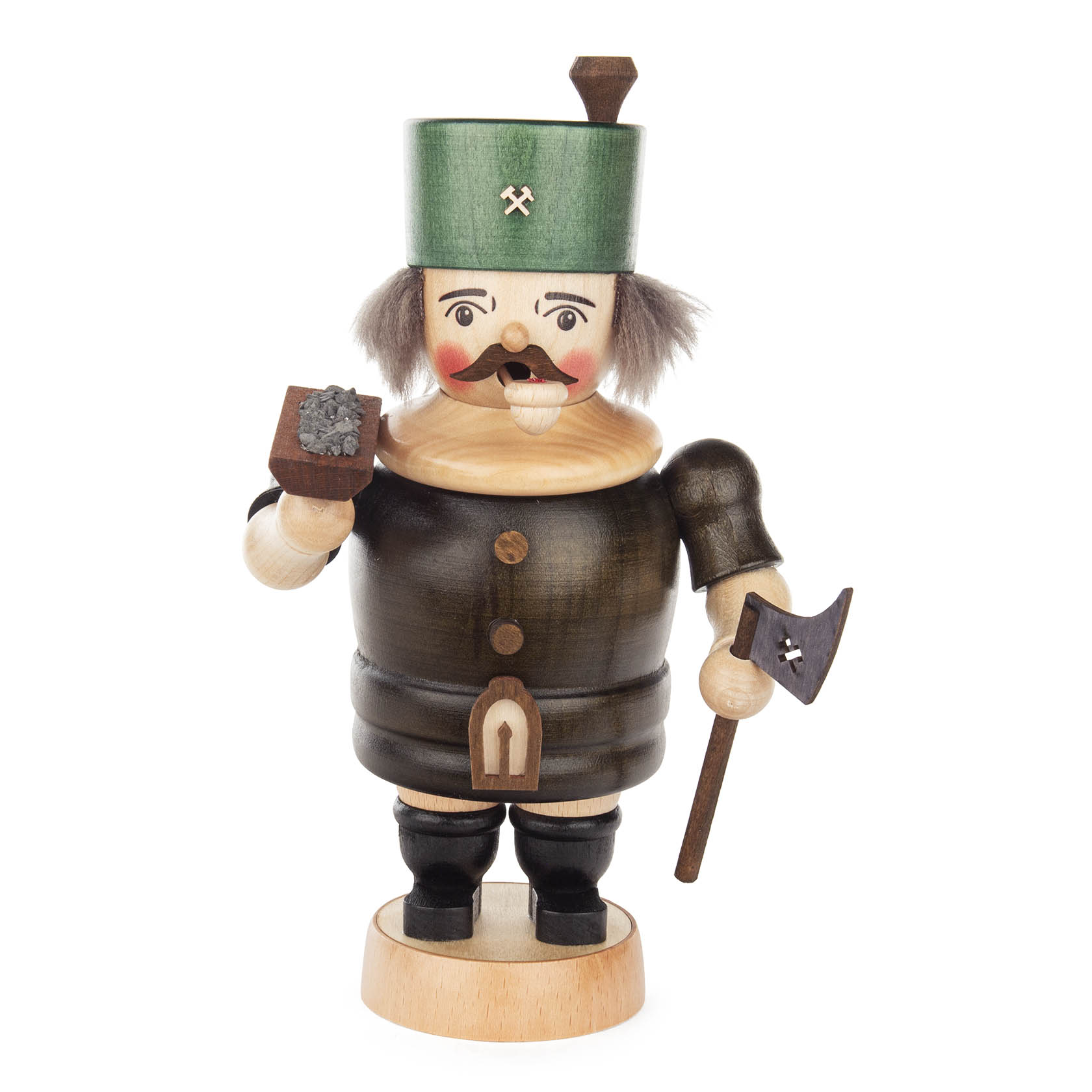 Wooden miner figurine with a green hat and black outfit, holding a block of coal in one hand and a pickaxe in the other.