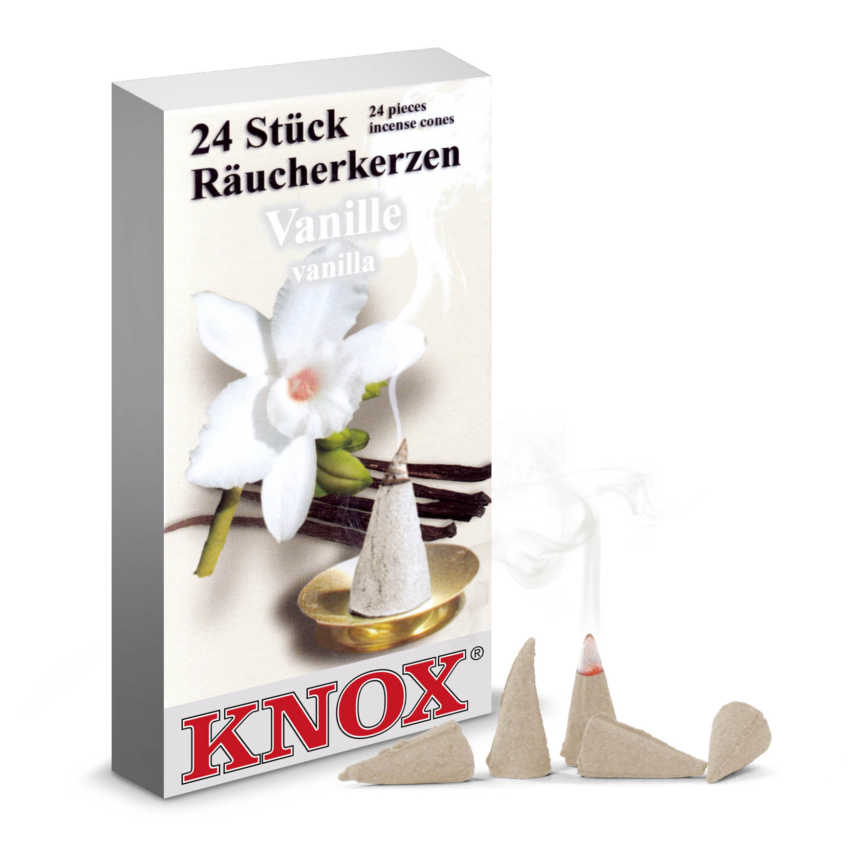 A box of KNOX vanilla incense cones with an image of a white vanilla flower and some incense cones placed outside emitting smoke. im Dregeno Online Shop günstig kaufen