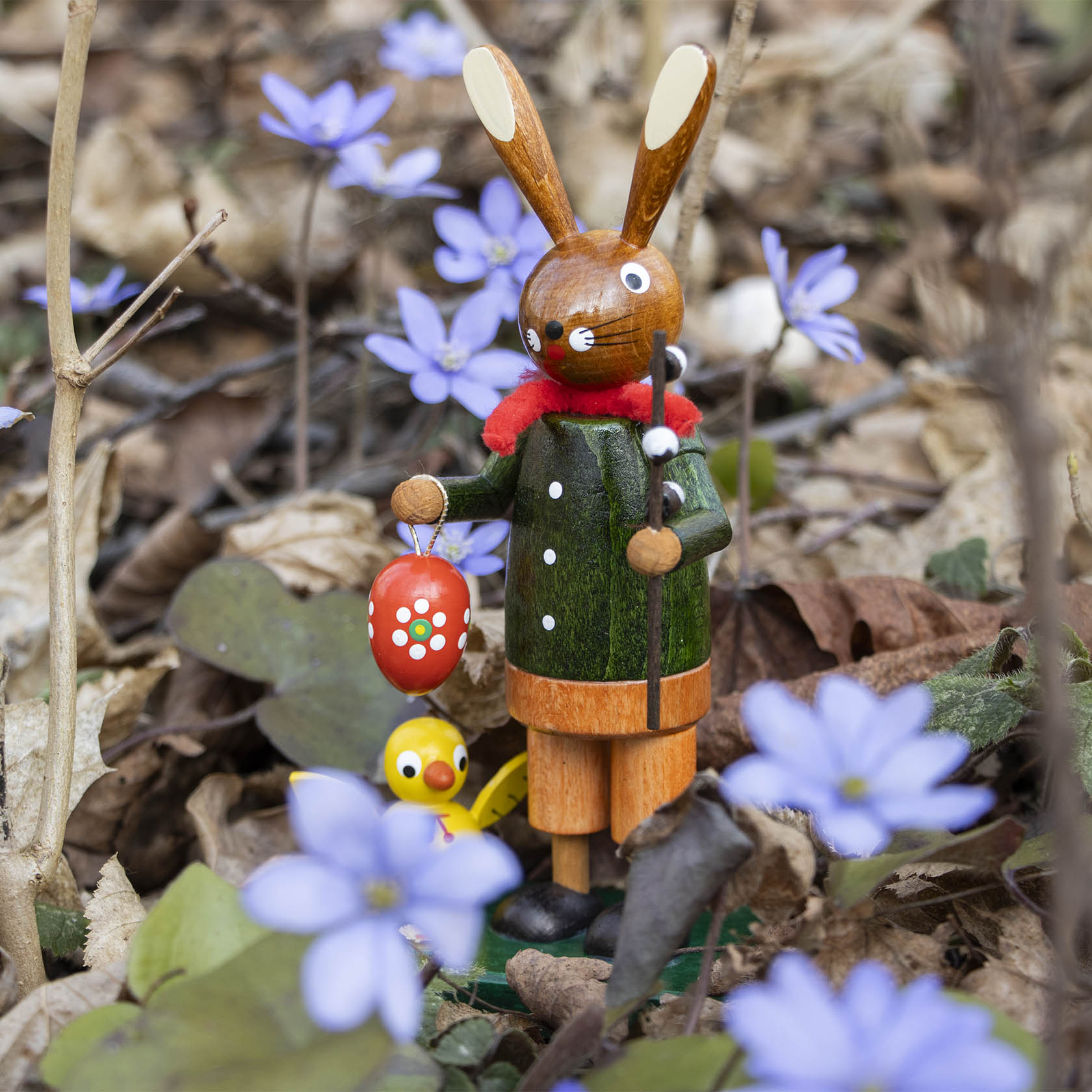 Holzfigur eines Osterhasen mit grüner Jacke, einem rot-weißen Schal und einer roten Osterei-Laterne, stehend zwischen lila Blumen.