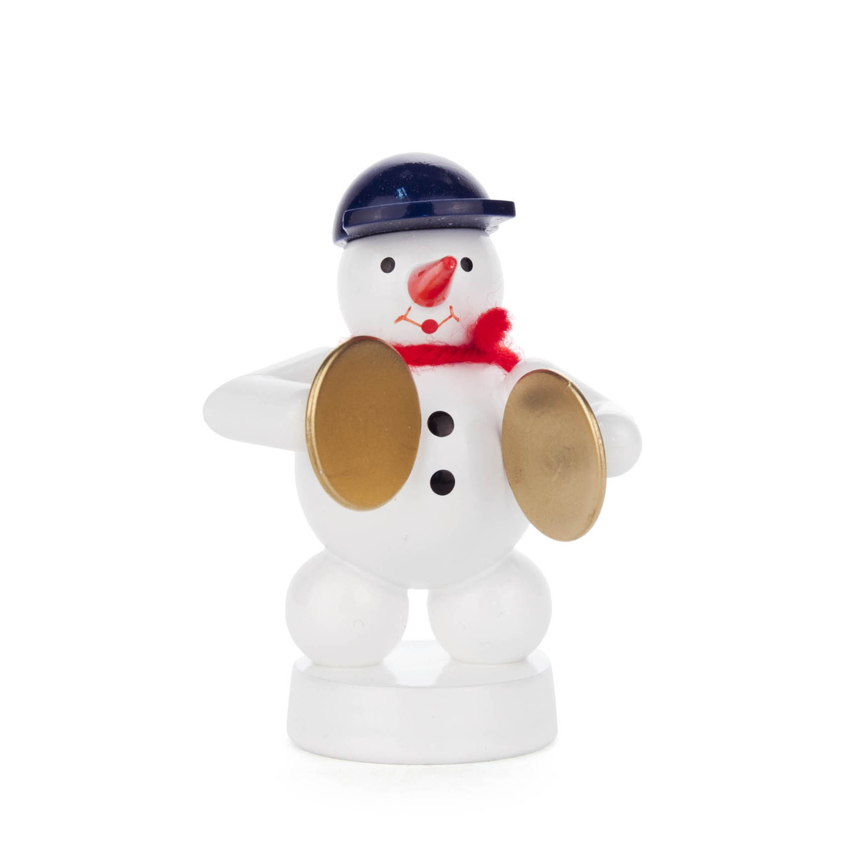 Kleiner Schneemann aus Holz mit einer blauen Kappe, rotem Schal und goldenen Becken in den Händen. im Dregeno Online Shop günstig kaufen