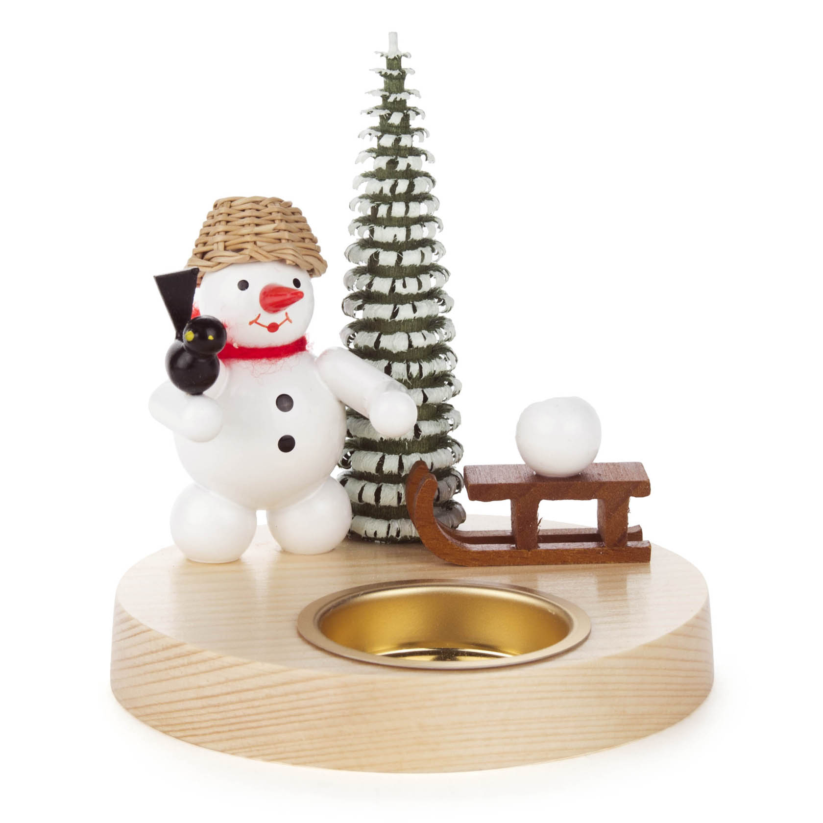 Teelichthalter mit einem Schneemann, einem Schlitten und einem Baum aus Holz. im Dregeno Online Shop günstig kaufen