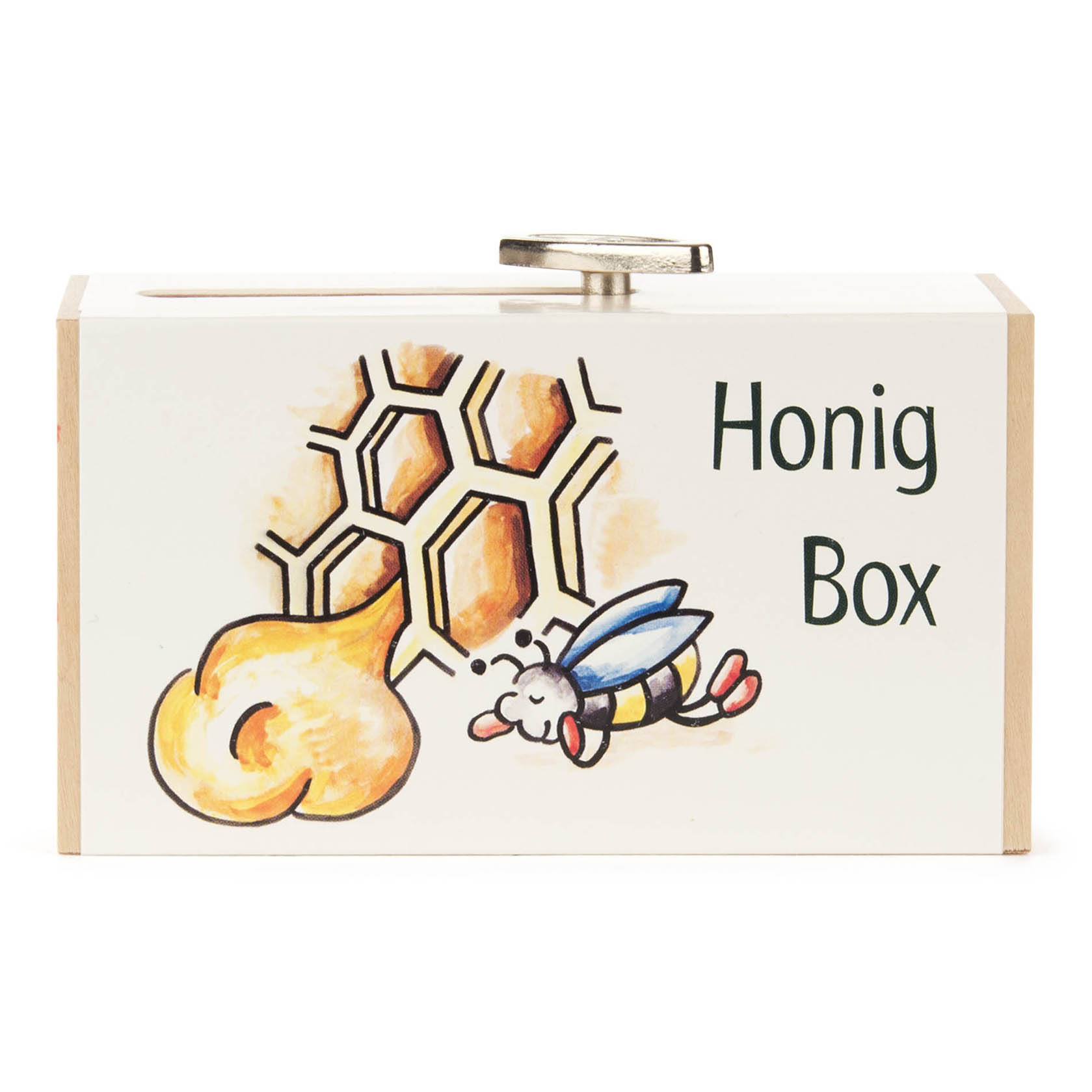 Wooden music box with a colorful illustration of a bee, honeycomb, and 'Honig-Box' text. It plays the melody 'Everything is Beautiful'.