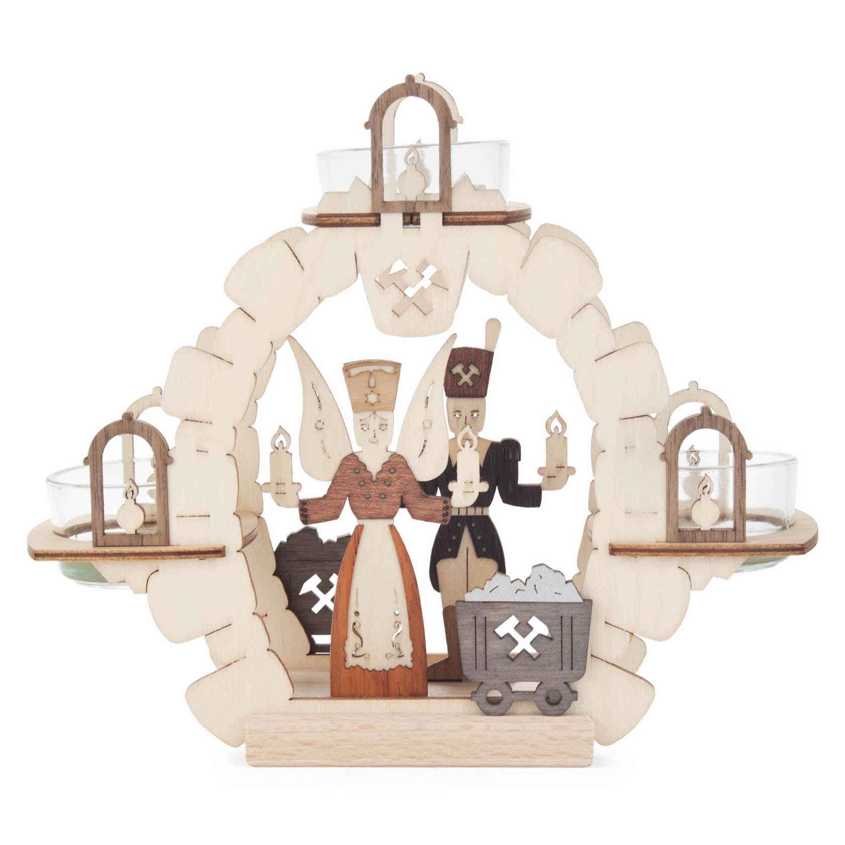 Wooden tea light wreath featuring an angel and miner in traditional attire, holding candles, with two small lanterns and a mining cart detail. im Dregeno Online Shop günstig kaufen