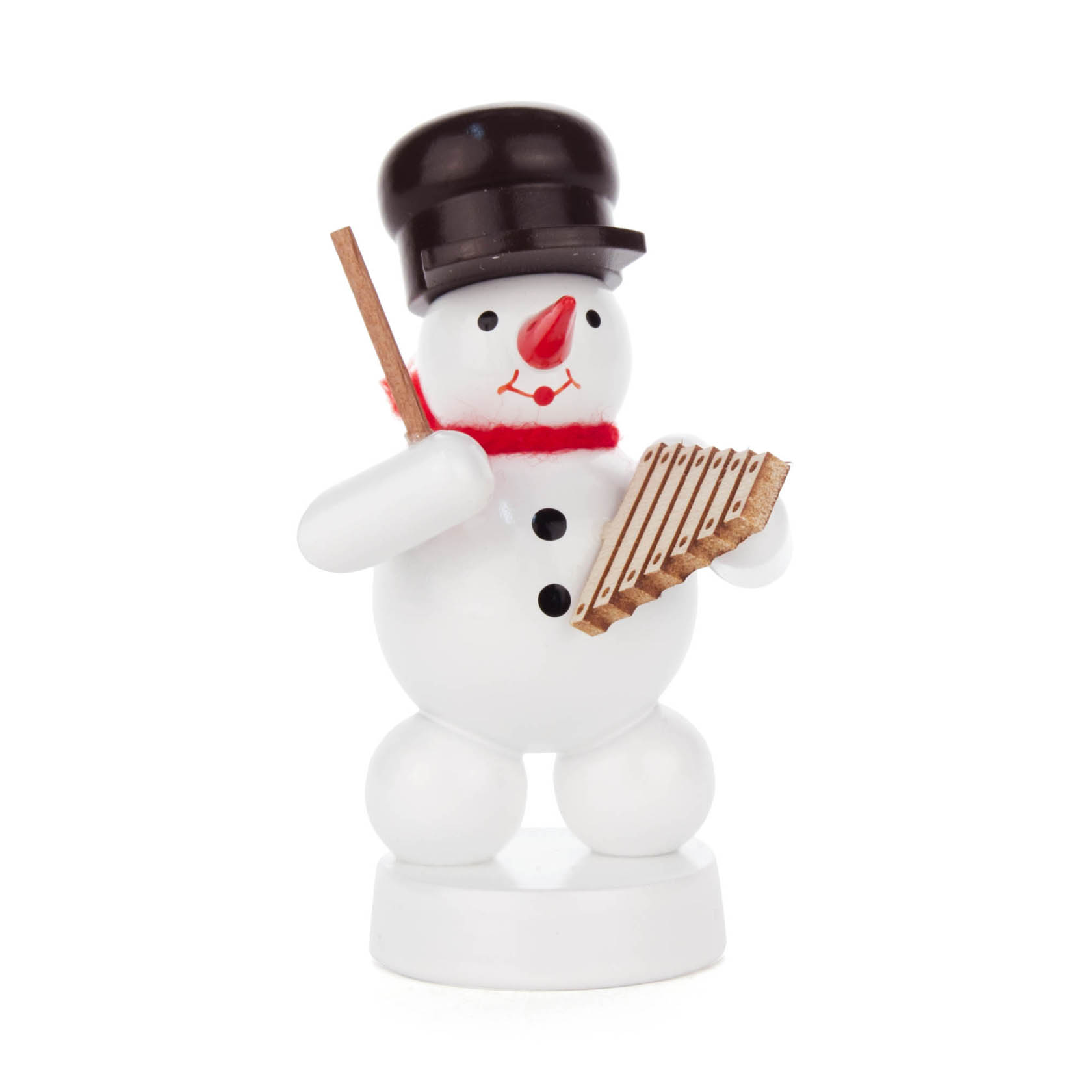 Ein fröhlicher Schneemann mit schwarzem Zylinderhut spielt auf einem kleinen Xylophon. Er trägt einen roten Schal und hat ein freundliches Gesicht. im Dregeno Online Shop günstig kaufen