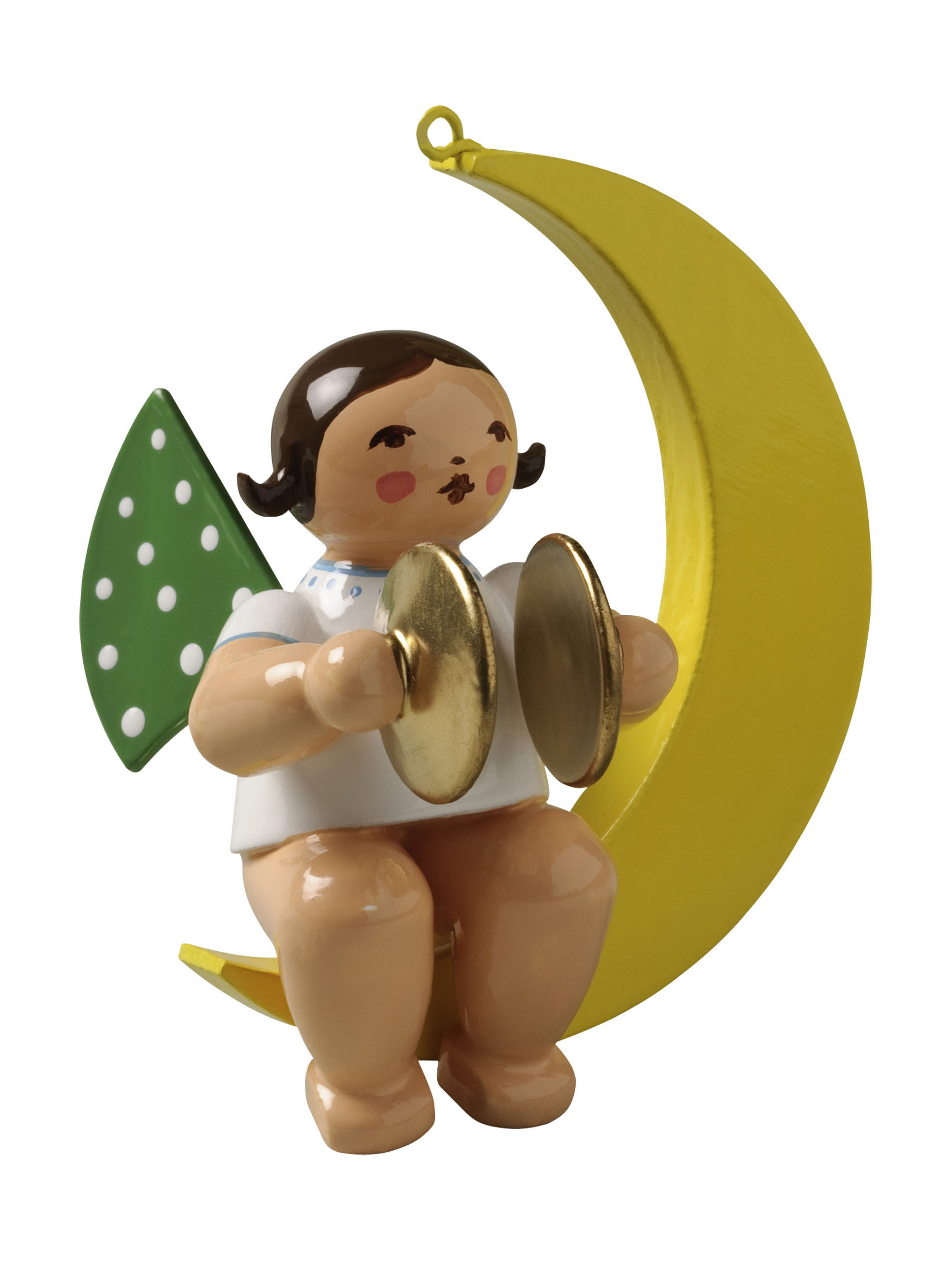 Räuchermännchen-Engel mit grünen Flügeln und weißen Punkten, sitzt auf einer gelben Mondsichel und hält zwei goldene Becken in den Händen. im Dregeno Online Shop günstig kaufen