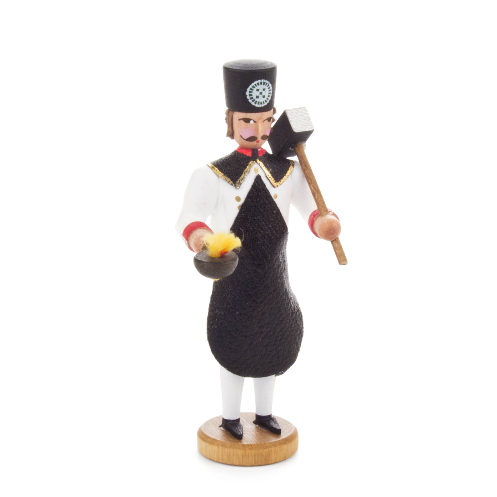 Holzfigur eines Bergmanns in traditioneller schwarzer Uniform mit einem Hammer in der rechten Hand und einem gefederten Helm in der linken Hand. im Dregeno Online Shop günstig kaufen