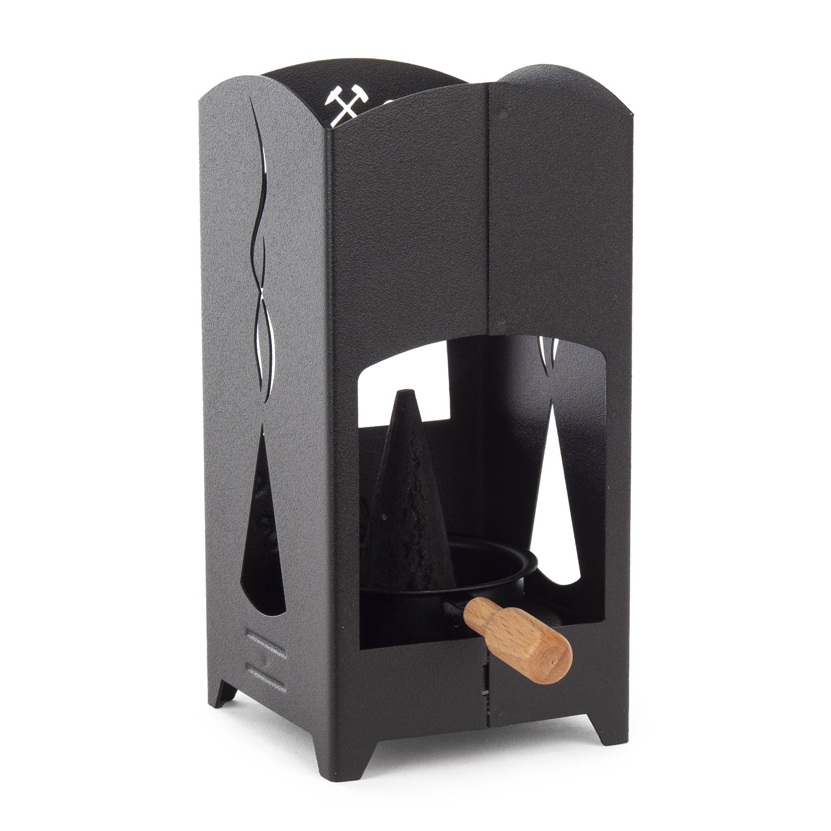 Black-anthracite metal incense lantern suitable for all incense cone sizes, featuring an ash tray and space for tealights.