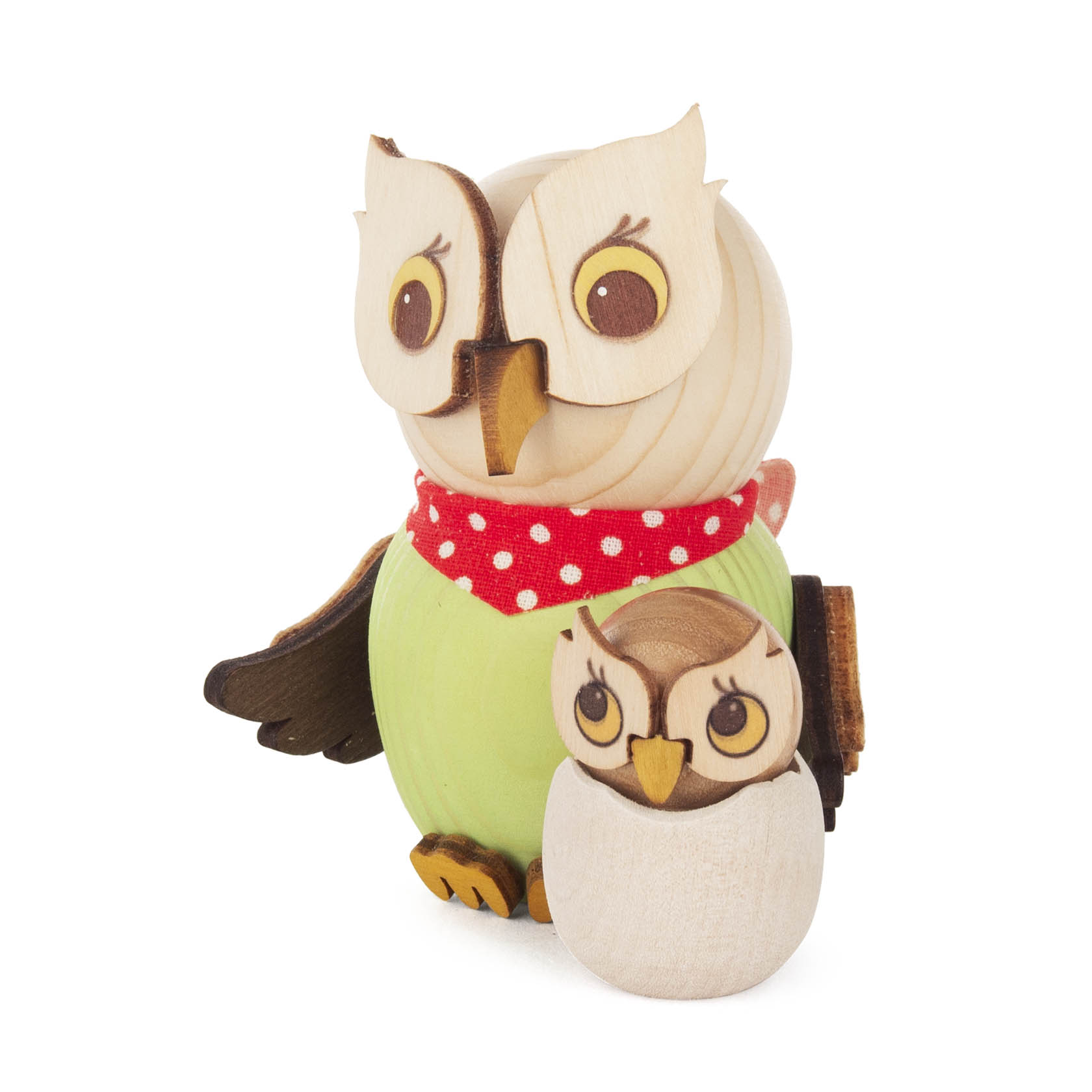 Wooden figure of an adult owl with a red polka dot scarf and a baby owl sitting in front, both with friendly expressions. im Dregeno Online Shop günstig kaufen