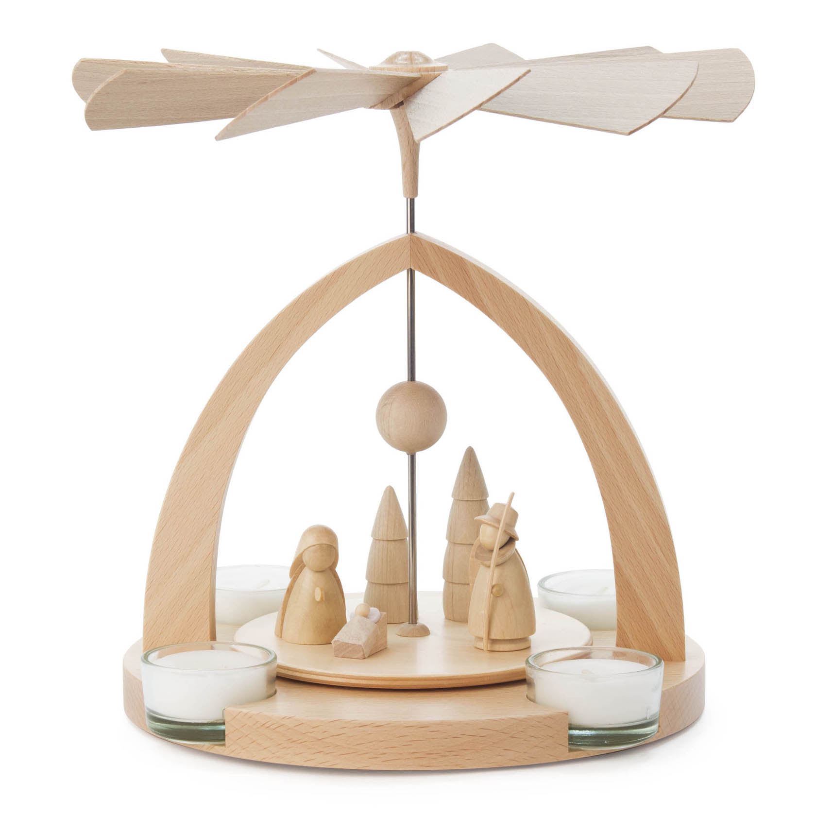 Holzpyramide mit vier Teelichtern und Figuren der Geburt Christi: Maria, Josef, das Jesuskind in der Krippe und zwei Bäume. im Dregeno Online Shop günstig kaufen