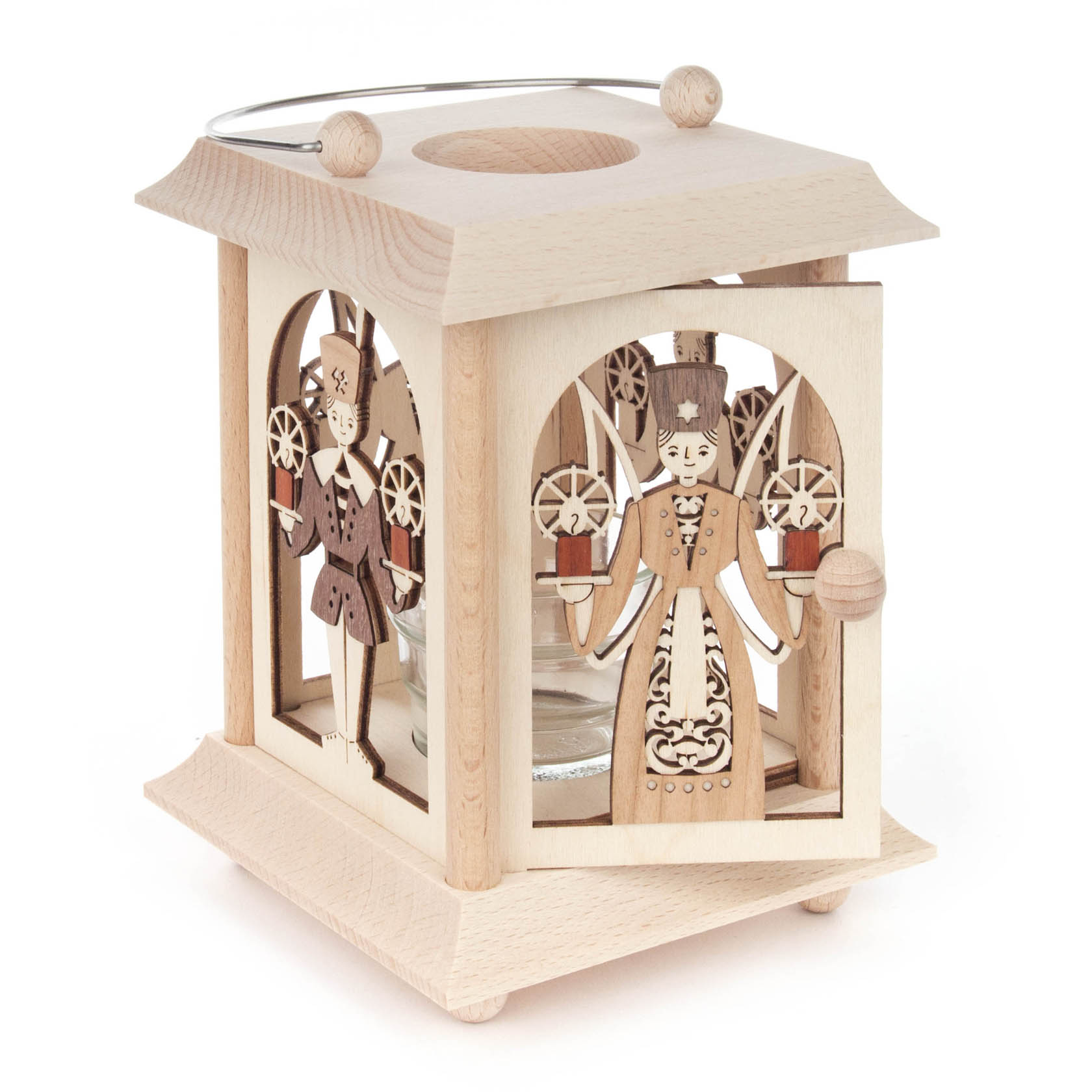 A wooden tea light lantern featuring intricately carved figures of an angel and a miner holding stars, with glass panes between them.