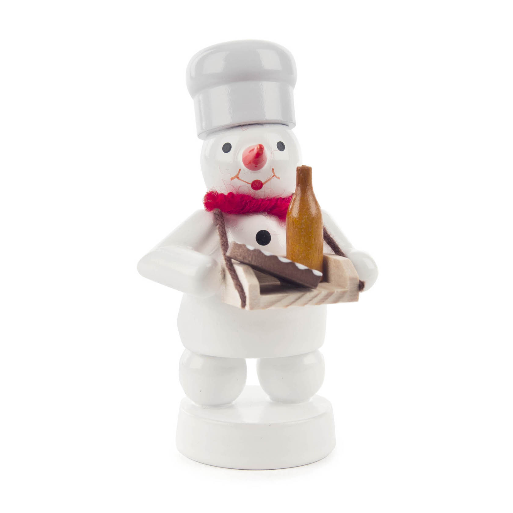 Ein Schneemann mit Bäckerhut und rotem Schal, der einen Bauchladen mit einer Holzflasche und zwei Broten trägt. im Dregeno Online Shop günstig kaufen