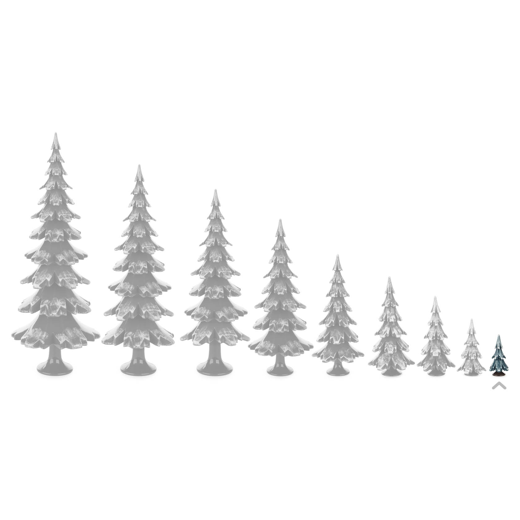 Nine small wooden trees in a gradient from dark green to white, arranged in descending size order from left to right.