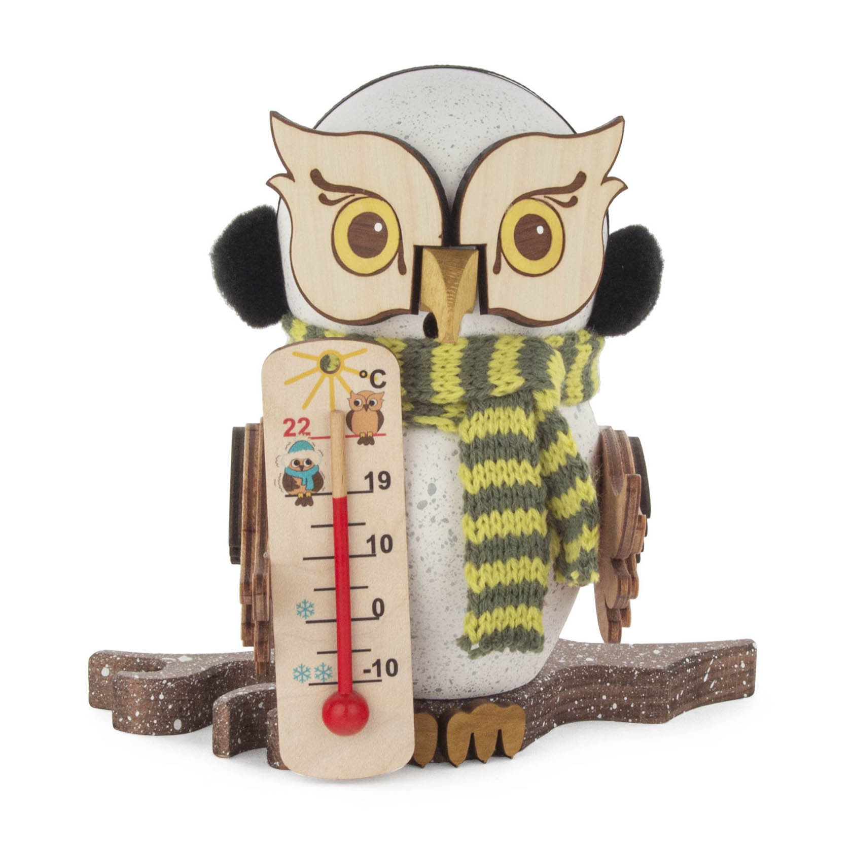 Räucherfigur einer Schneeeule mit großen, aufgemalten Augen und gelbem Schnabel, mit grün-gelbem Schal und schwarzem Ohrenschutz, die ein Thermometer hält. im Dregeno Online Shop günstig kaufen