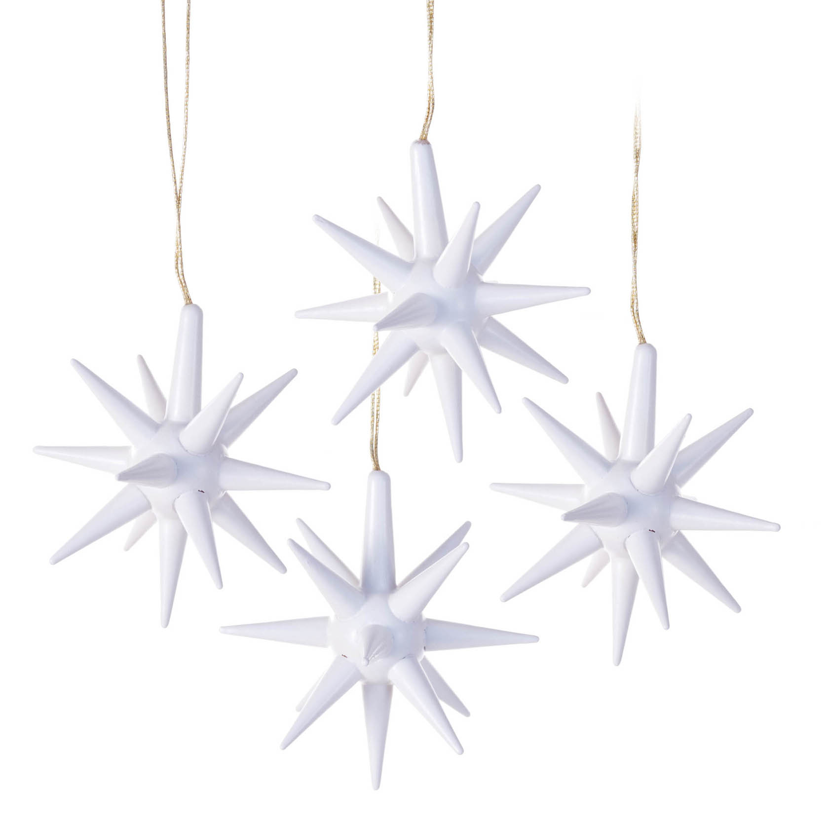 Four white 3D star ornaments hanging from golden strings. im Dregeno Online Shop günstig kaufen