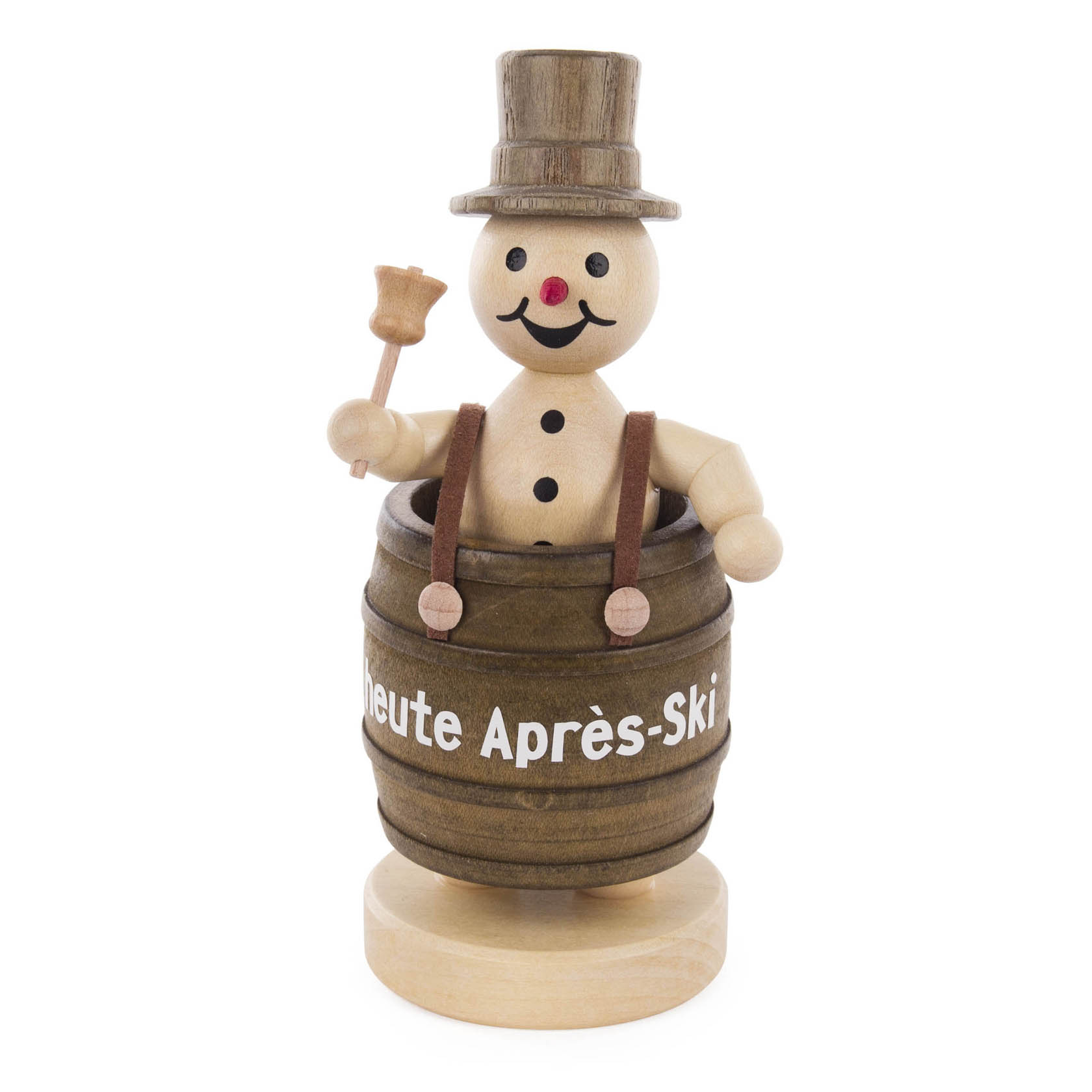 A wooden snowman with a top hat and pipe, standing in a barrel labeled 'Apres Ski'. im Dregeno Online Shop günstig kaufen