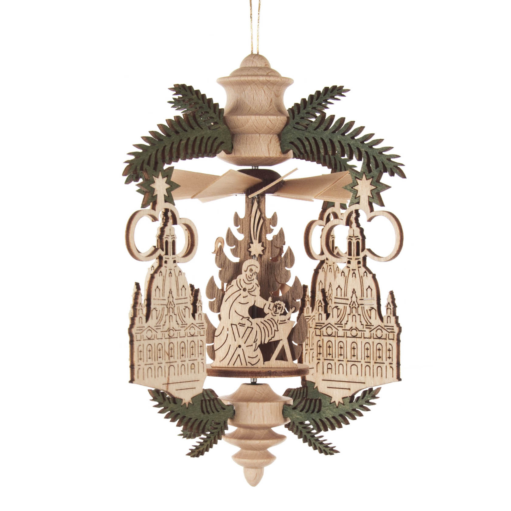 Wooden hanging ornament featuring the Christmas Nativity scene with Mary and baby Jesus, surrounded by carvings of the Dresden Frauenkirche.