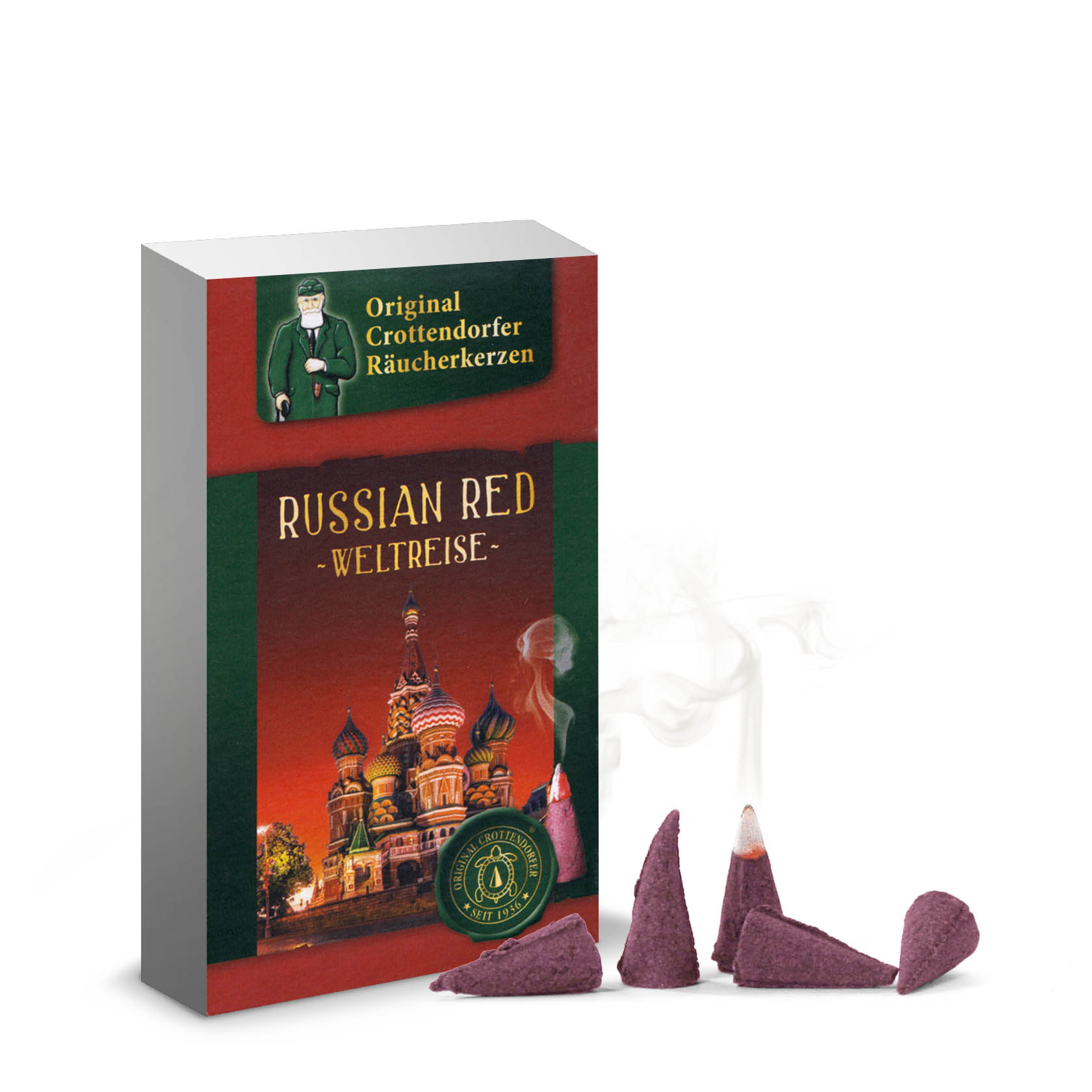 Eine Packung Crottendorfer Räucherkerzen der Sorte Russian Red, zusammen mit mehreren roten, teilweise angezündeten Räucherkerzen vor der Verpackung.