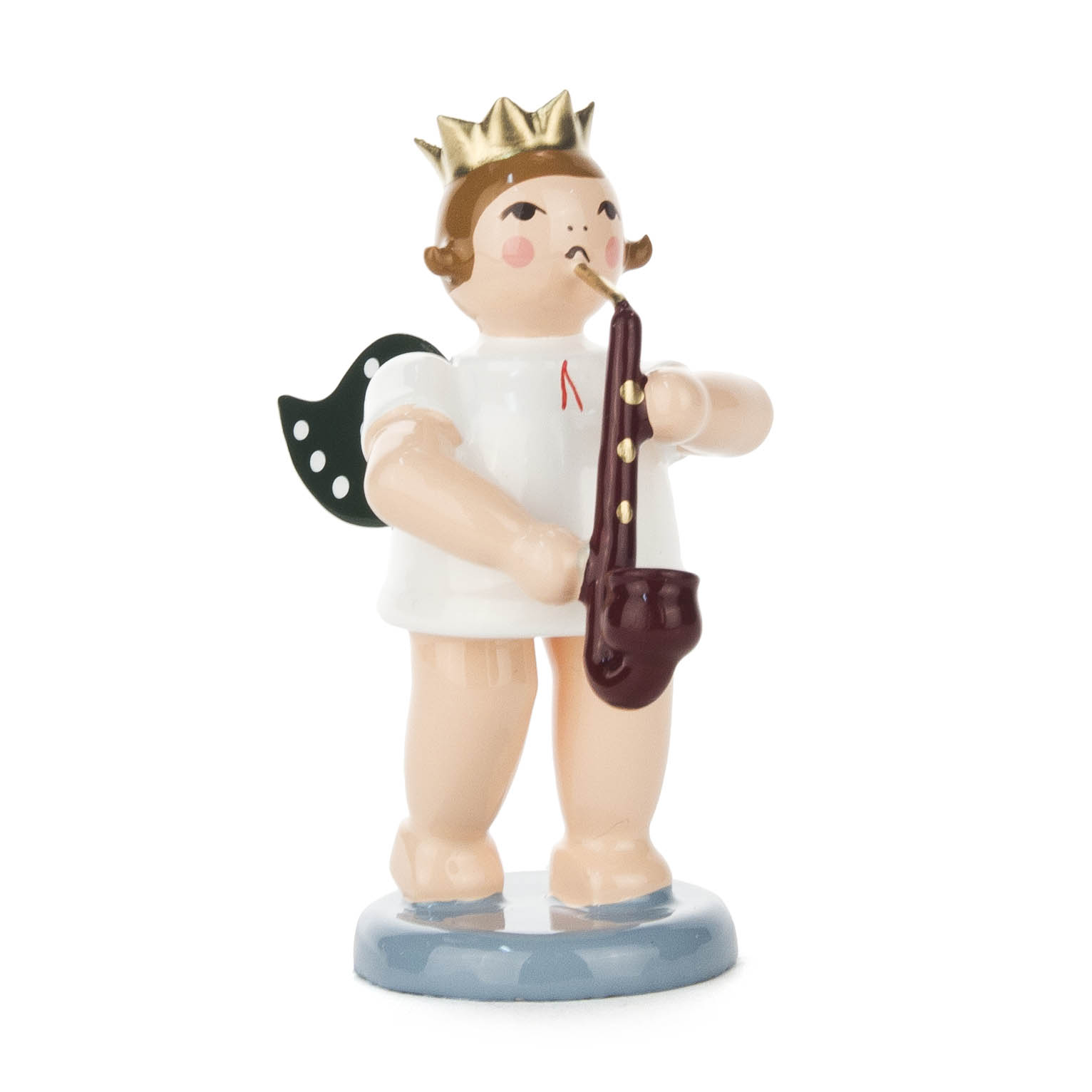 A wooden angel figurine with a crown plays a heckelphone, wearing a white robe and green wings with polka dots, standing on a blue base. im Dregeno Online Shop günstig kaufen