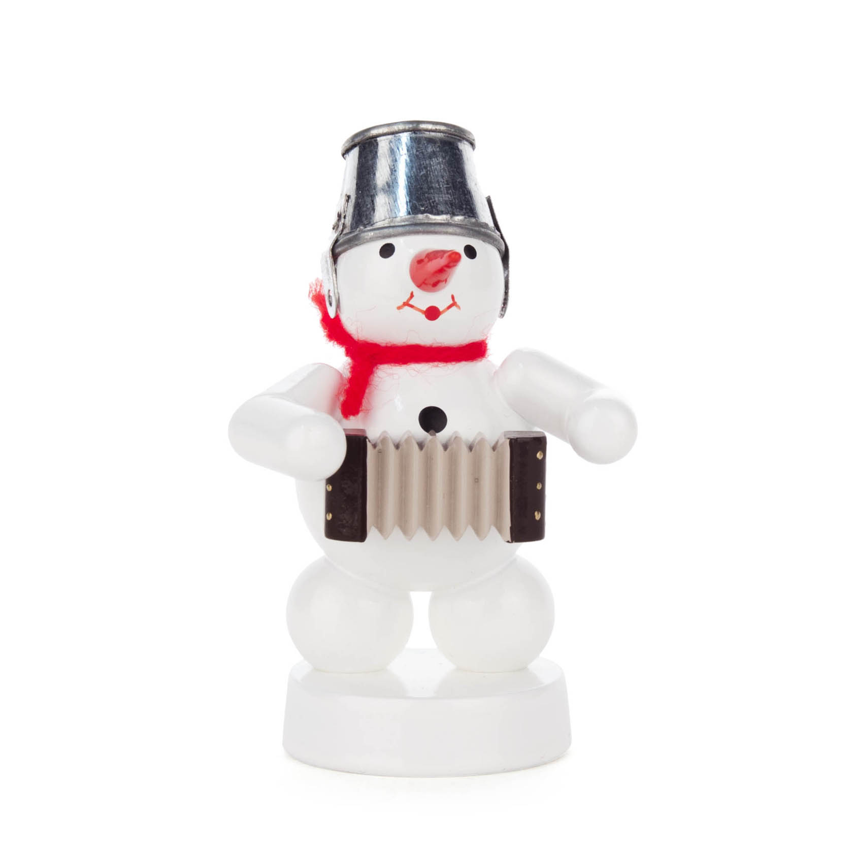 Ein kleiner Schneemann mit rotem Schal und schwarzem Eimerhut spielt ein Akkordeon. Er hat ein freundliches Lächeln und eine rote Karottennase. im Dregeno Online Shop günstig kaufen