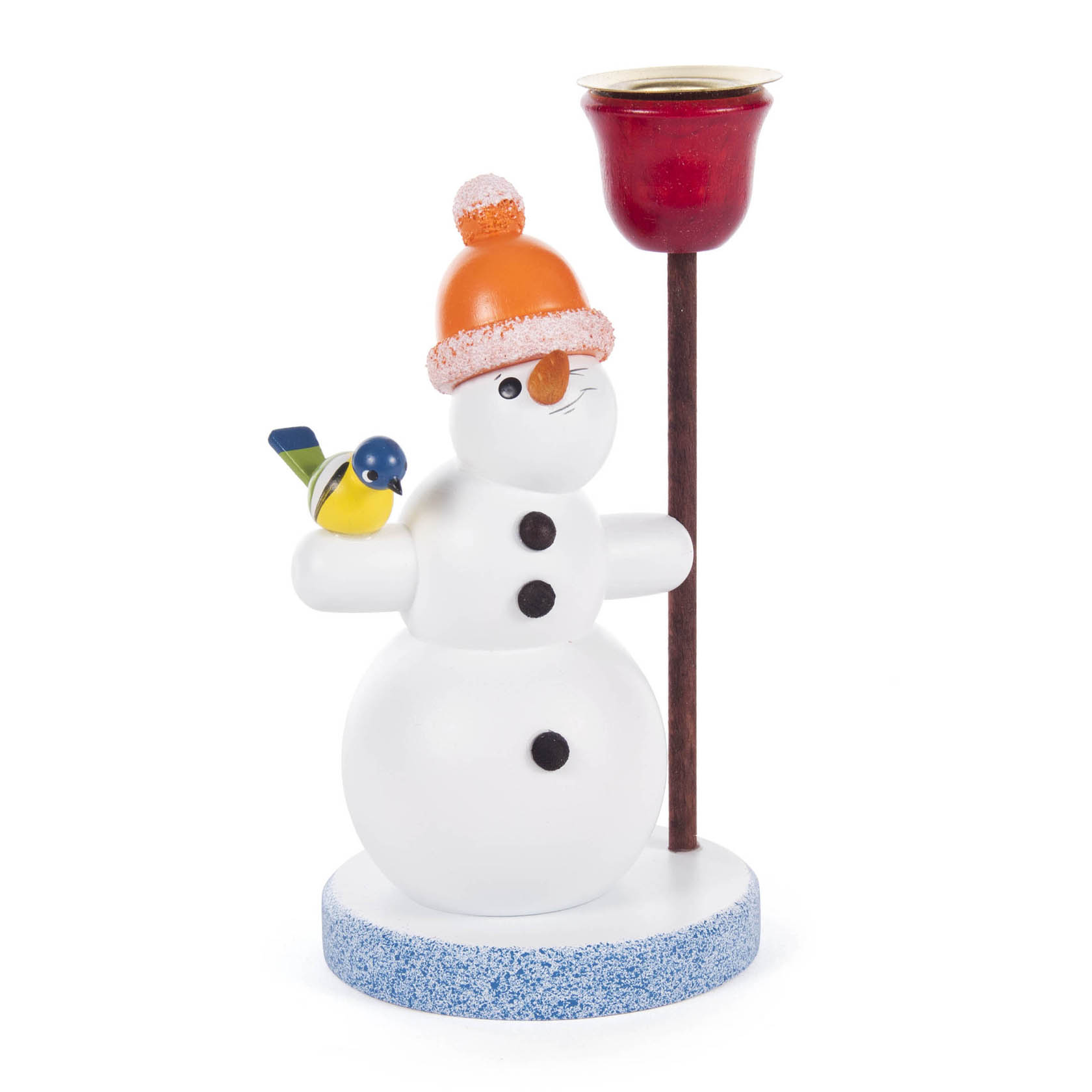Schneemann mit Kerzenhalter und orangener Pudelmütze, für Kerze d=14mm im Dregeno Online Shop günstig kaufen
